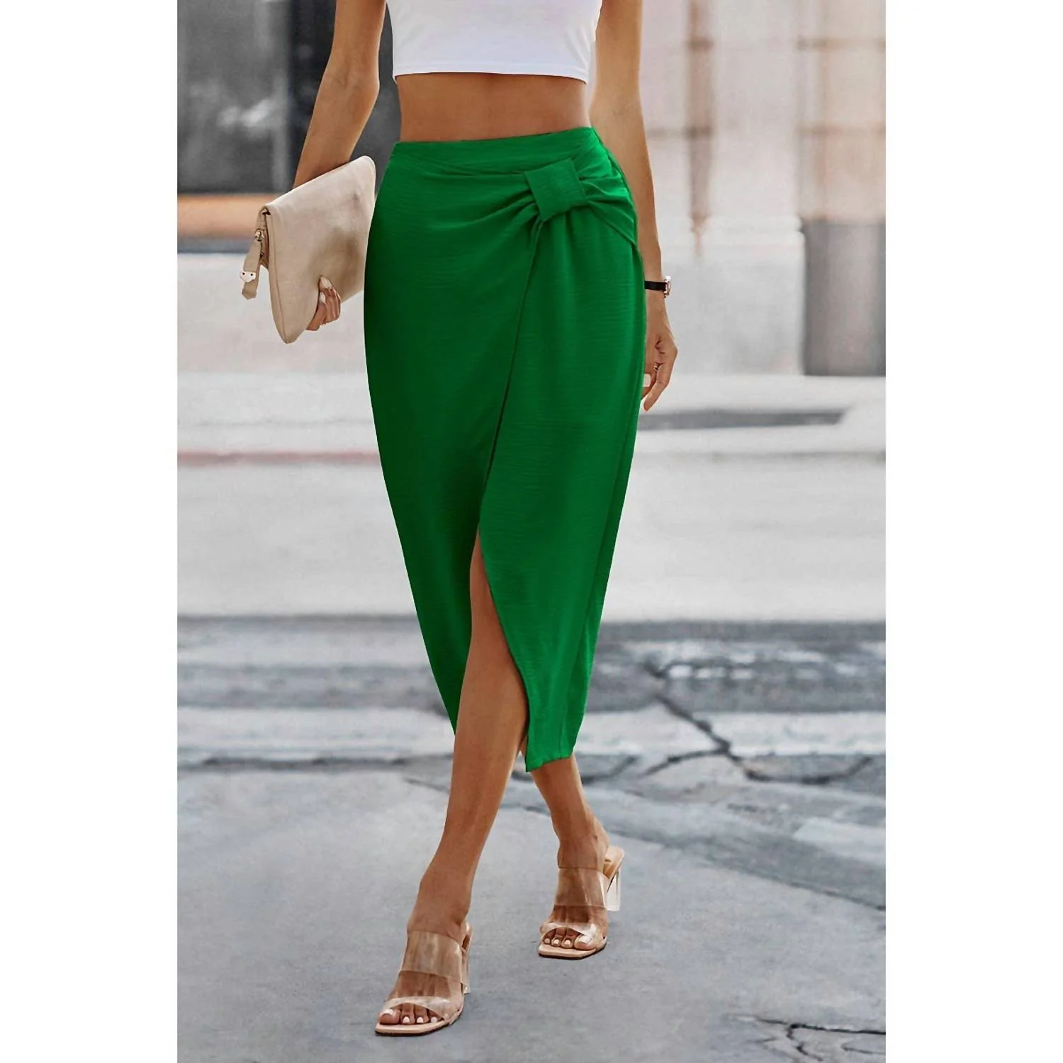 Solid Cross Self Belt Wrap Skirt In Green