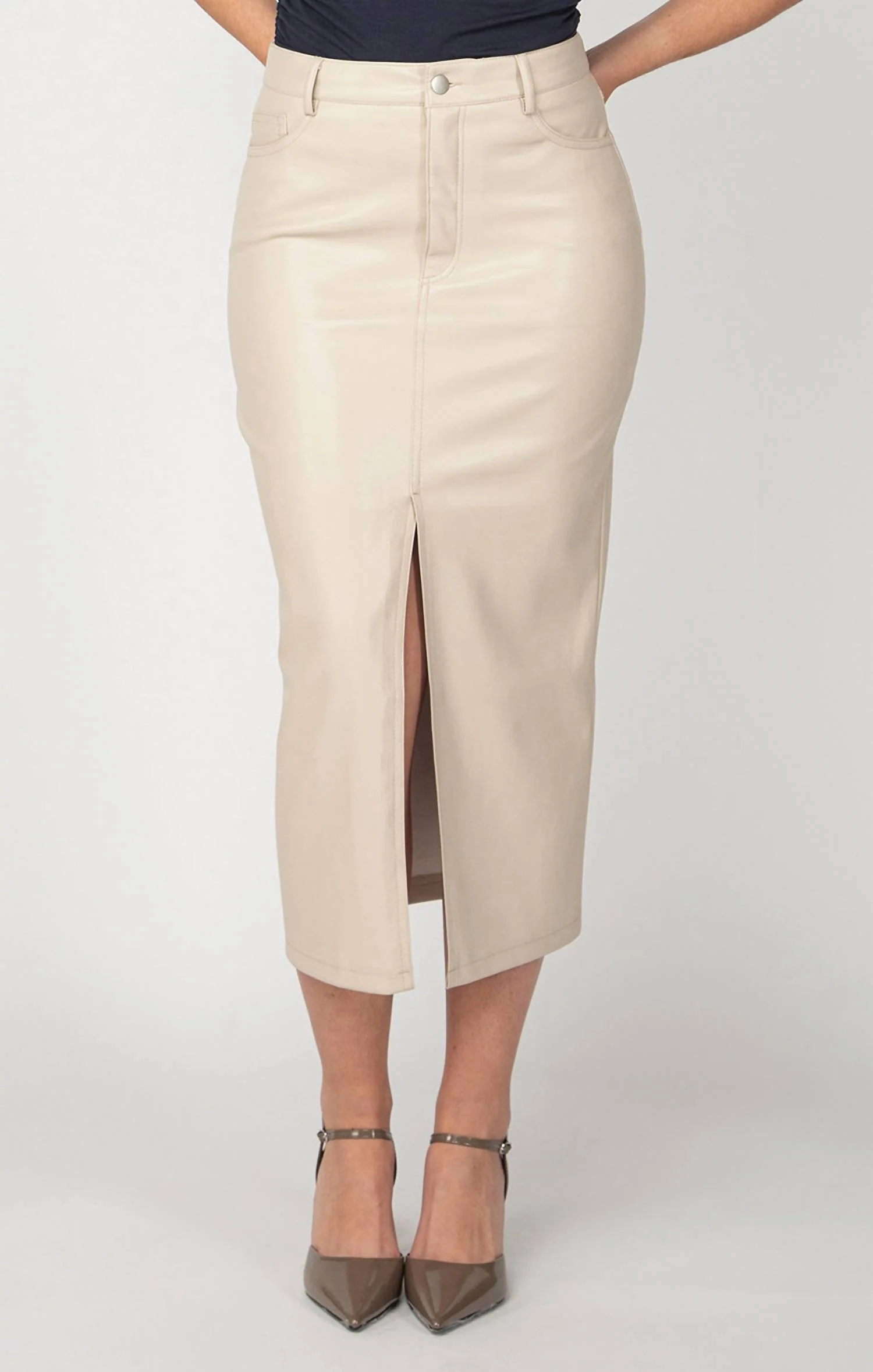 Faux Leather Midi Skirt In Bone