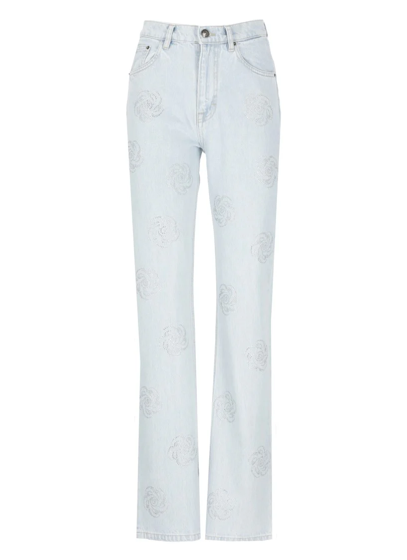 Light Blue Cotton Jeans With Strass Details