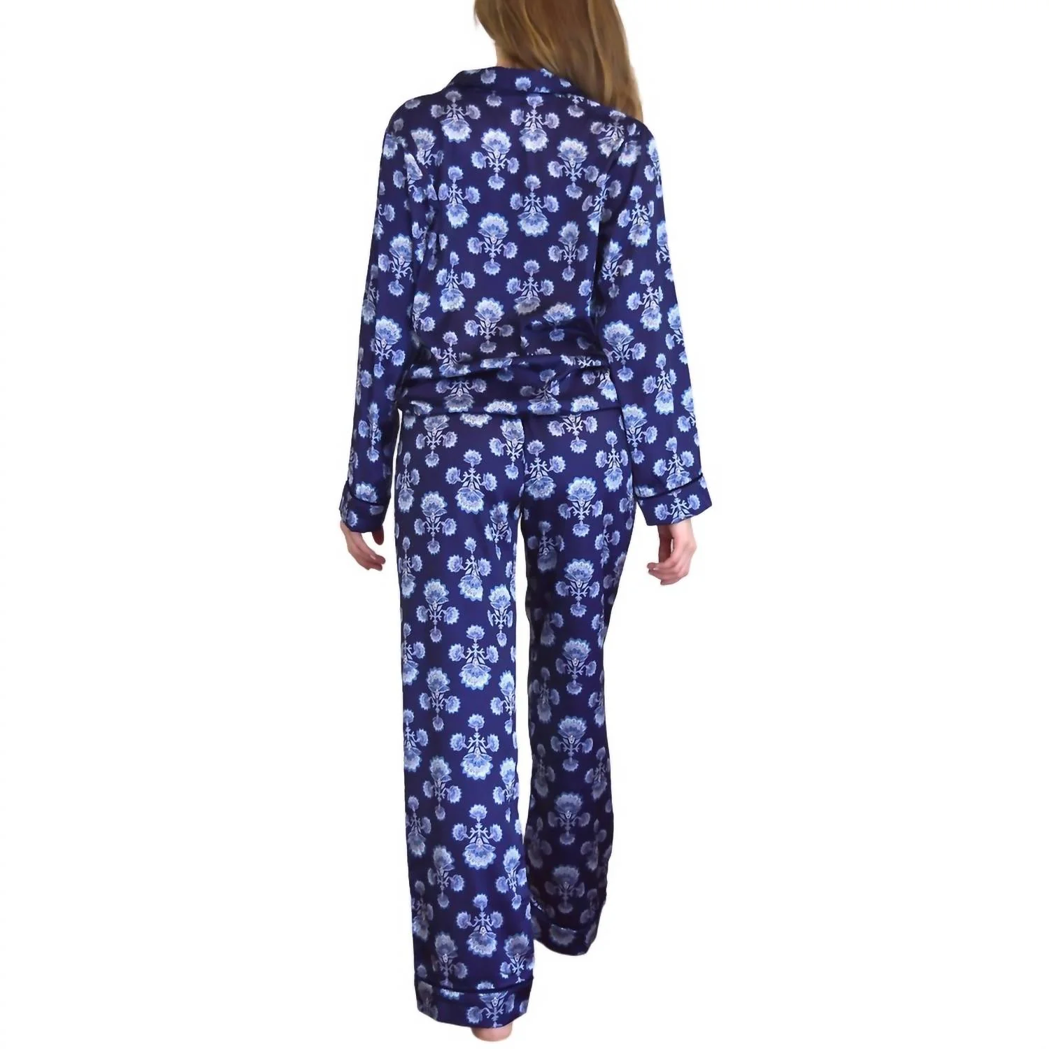 Fan Satin Pant Pj Set In Navy