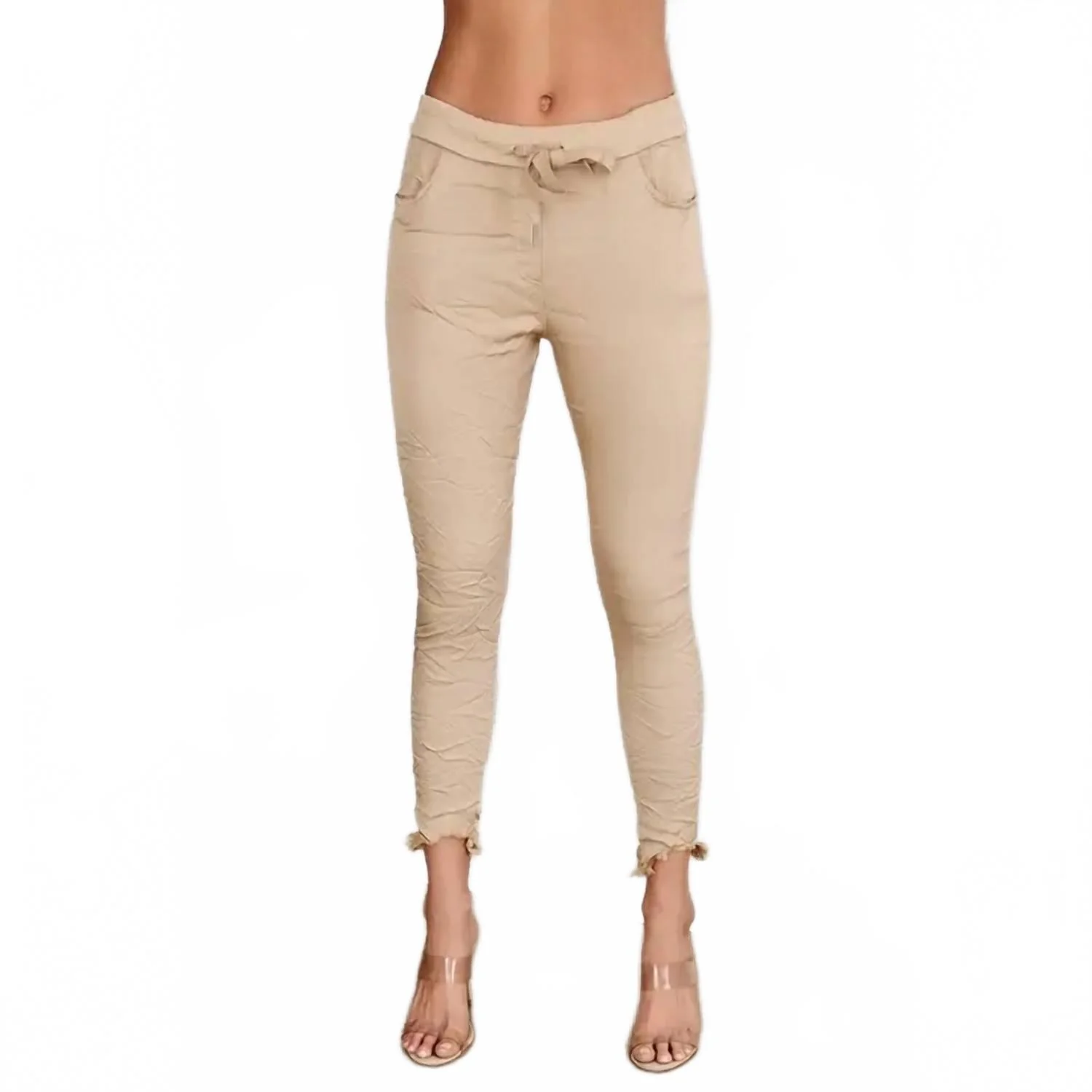 Fringe Hem Satin Crinkle Joggers In Caramel