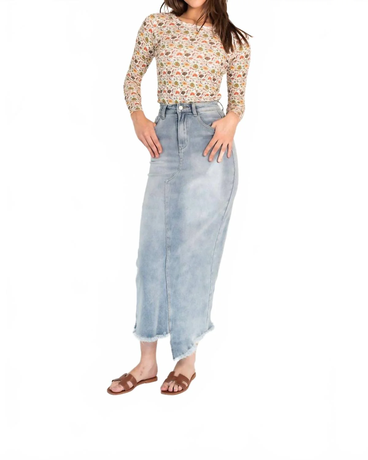 Frayed Hem Asymmetrical Stretch Denim Maxi Skirt In Light Wash