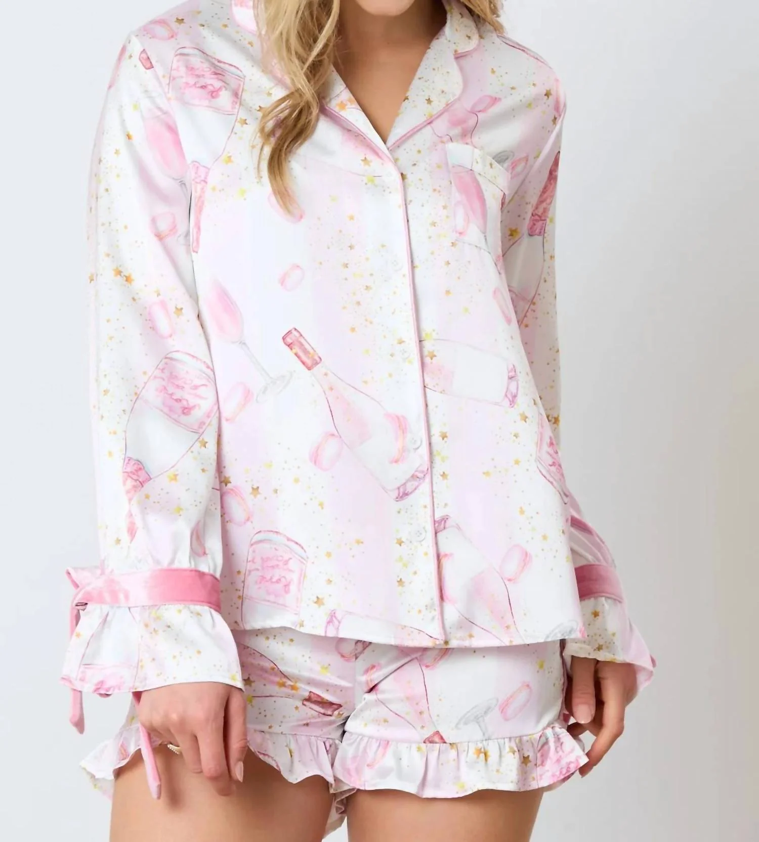 Satin Champagne Pajama Top In Light Pink