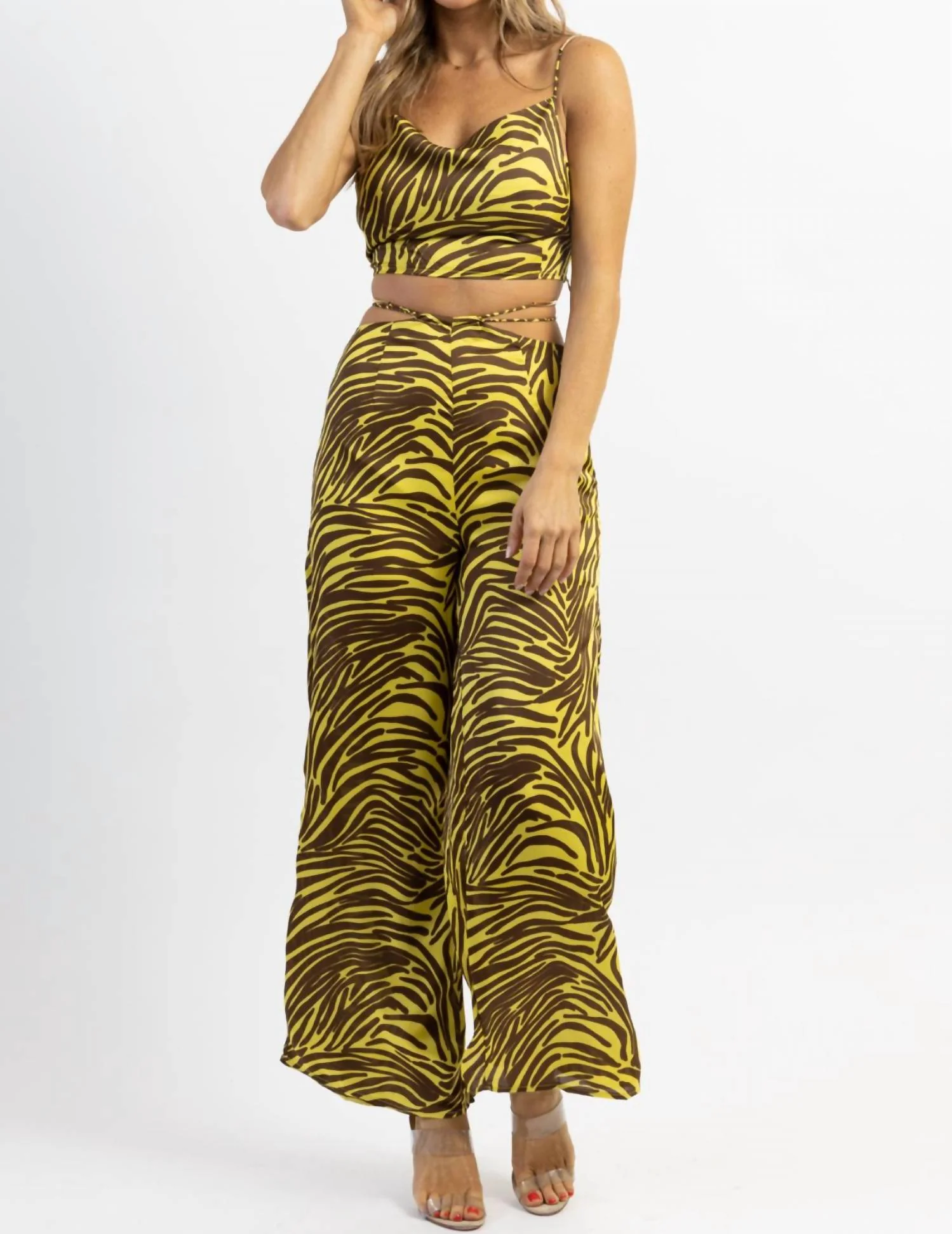 Zebra Wide Leg Pant Set In Lime + Brown