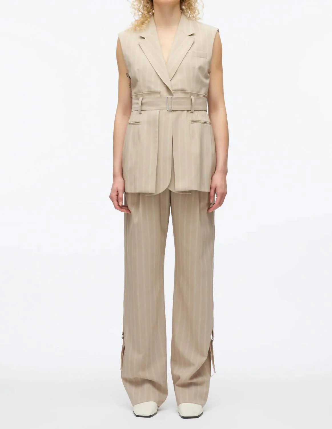 Fluid Pinstripe Belted Blazer In Fawn