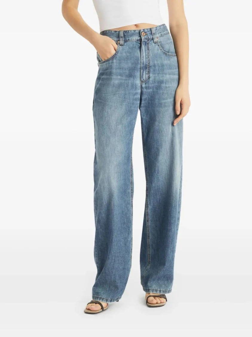 Wide-Leg Denim Pants With Vintage Wash