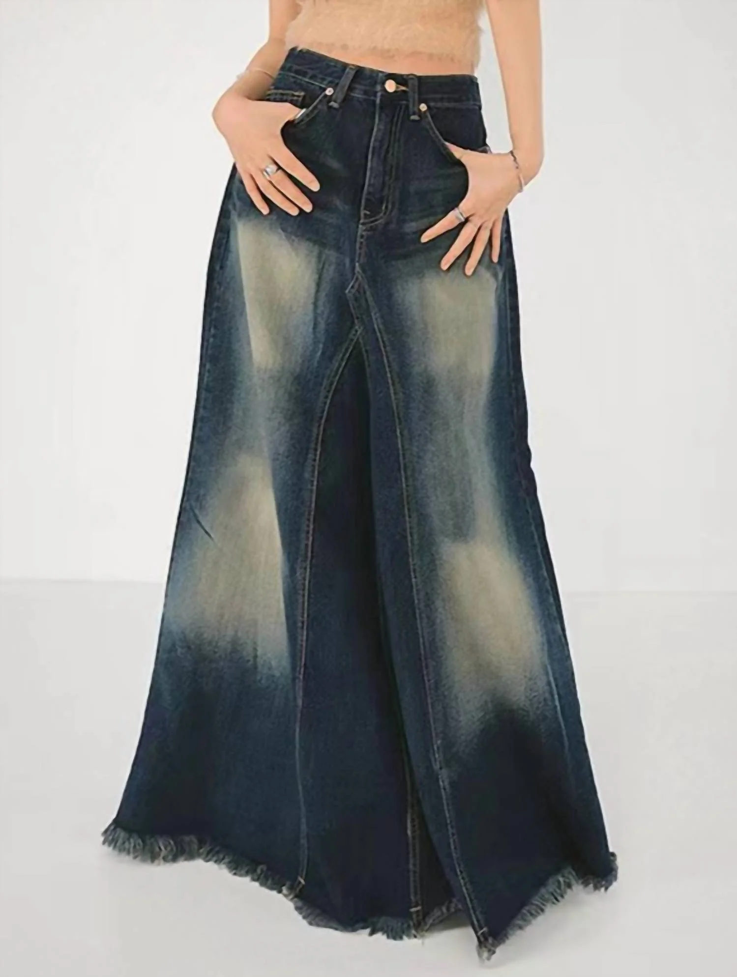 Distressed Fishtail Split Design Frayed Denim Skirt In Blue