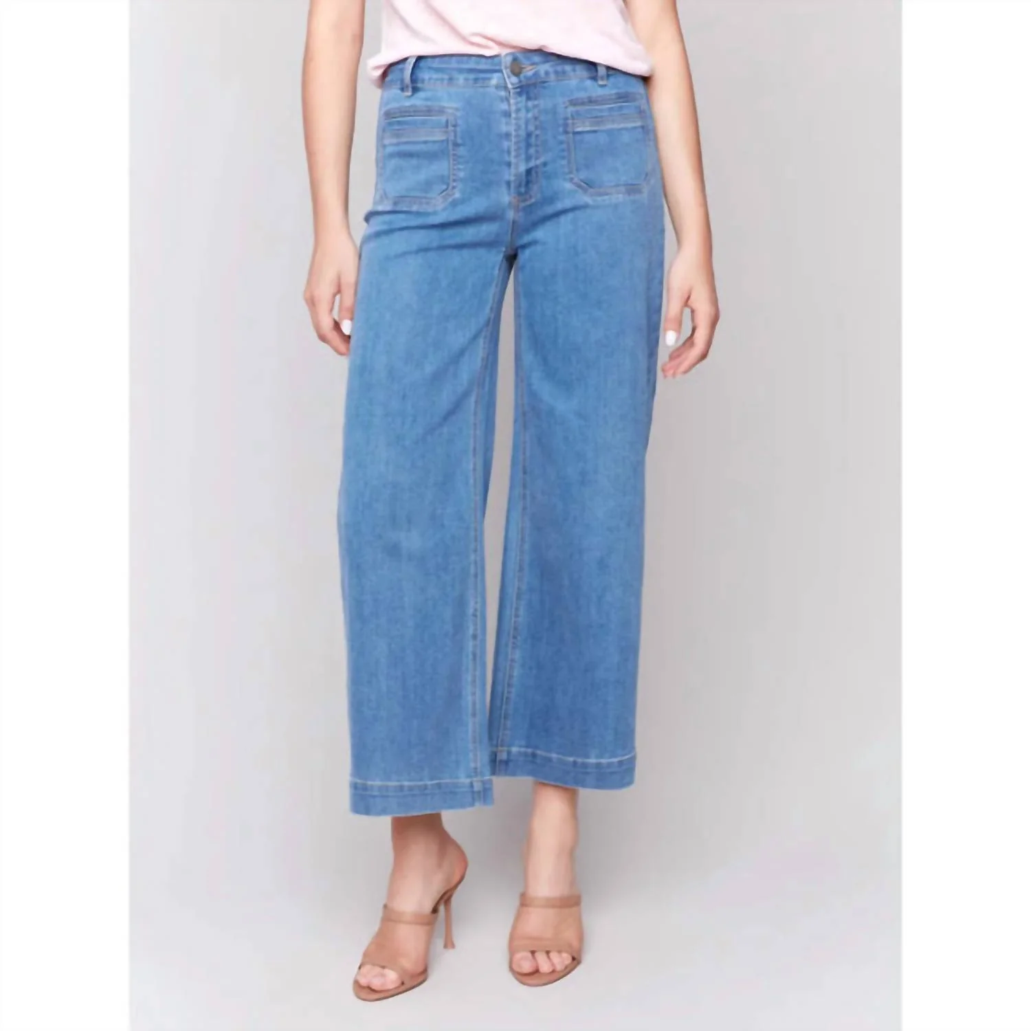 Patch Pocket Flare Jeans In Blue