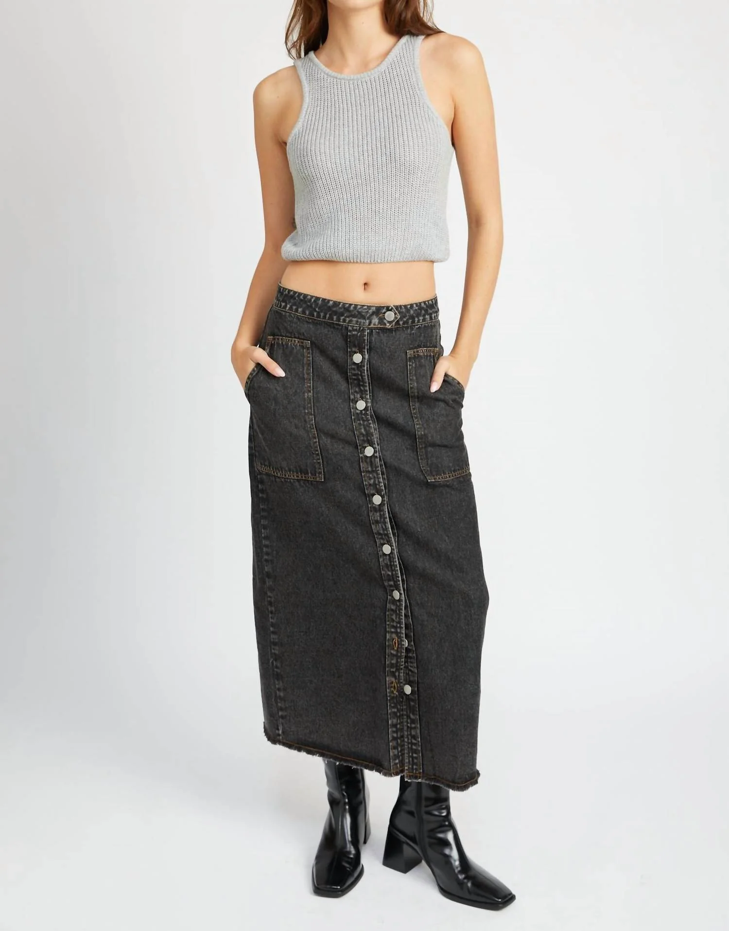 Nova Denim Maxi Skirt In Black Denim