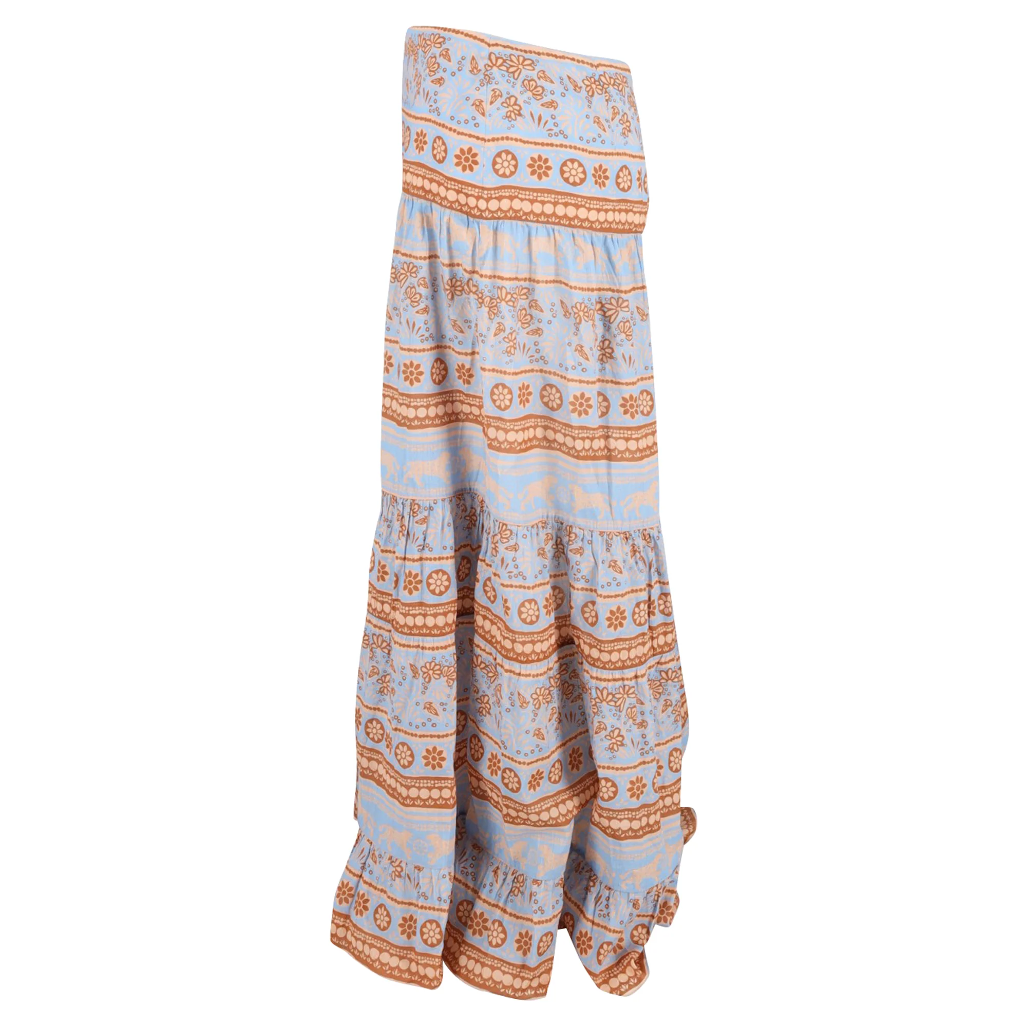 Johanna Ortiz Printed Tiered Maxi Skirt in Multicolor Cotton