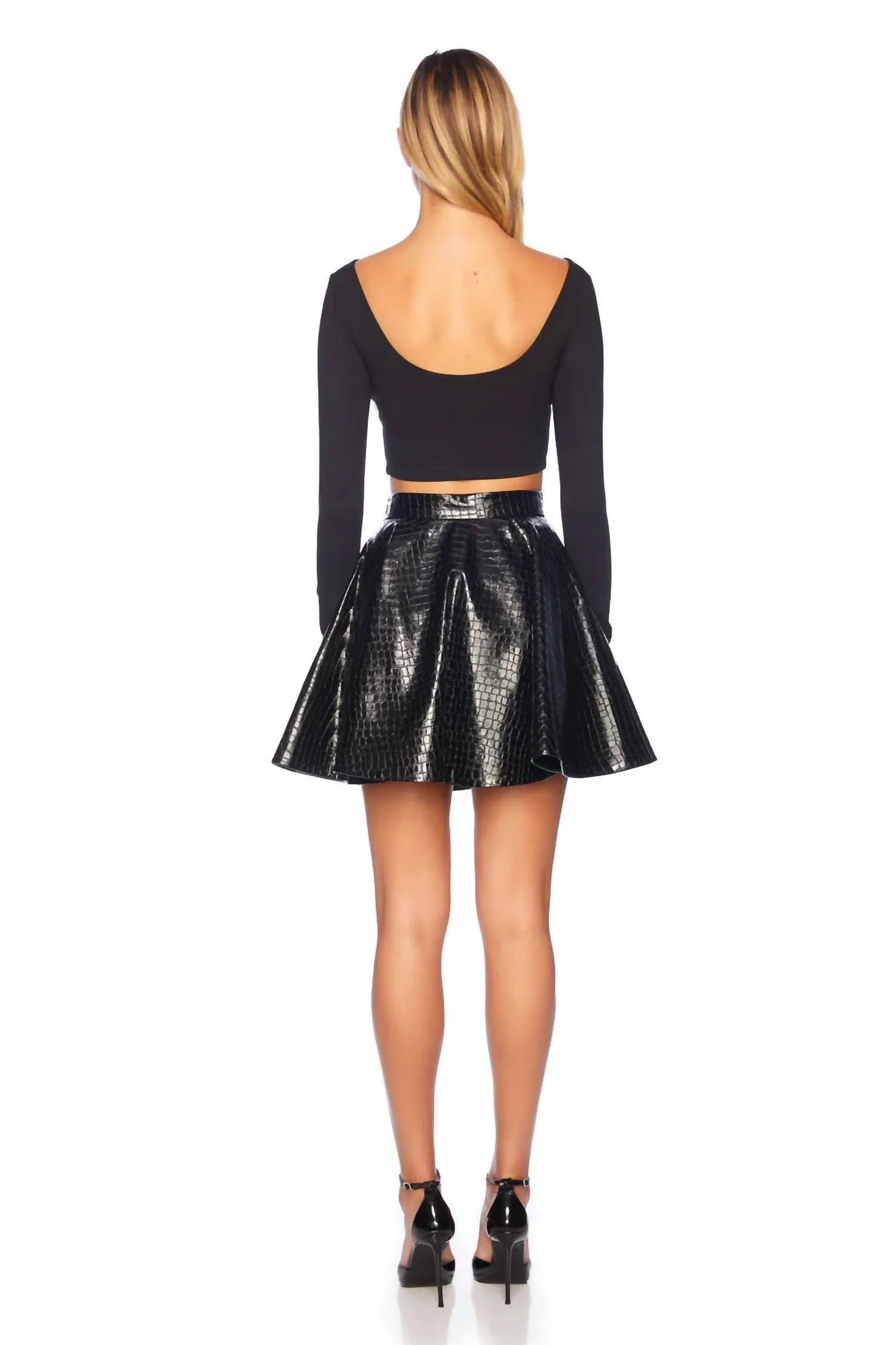 Croc Embossed Faux Leather Mini Skirt In Black