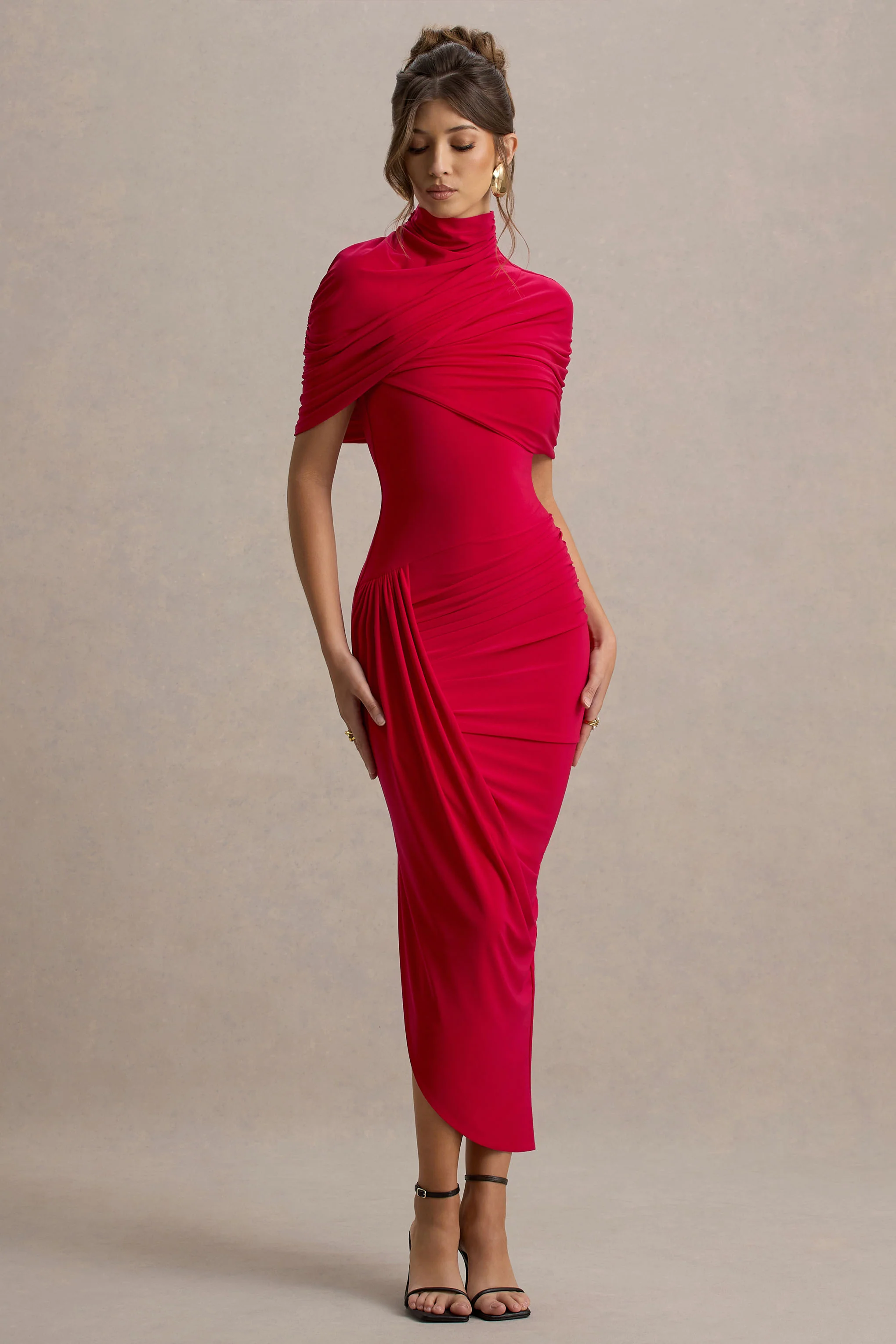 Enchant | Red Asymmetric Twisted Cape Maxi Dress