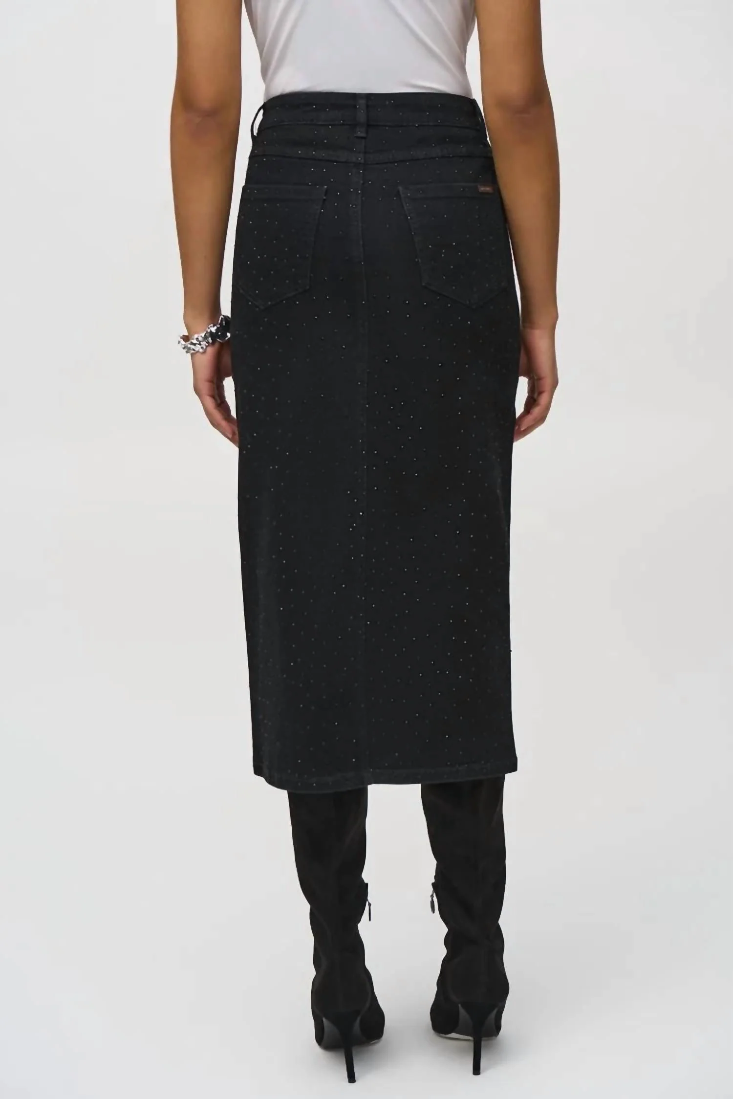 Classic Denim Pencil Skirt W/ Rhinestones In Black