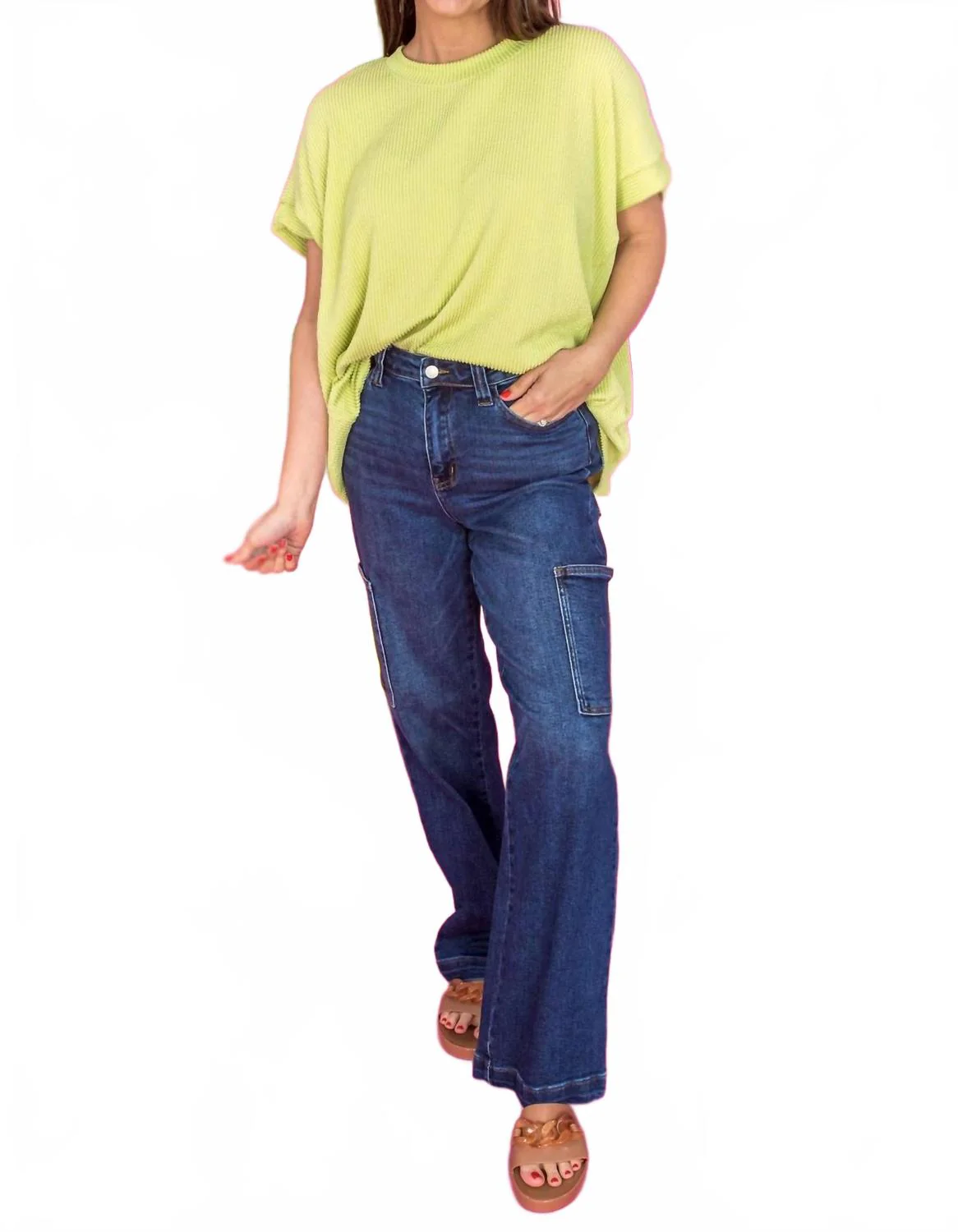 High Rise Cargo Denim Jeans In Dark Denim