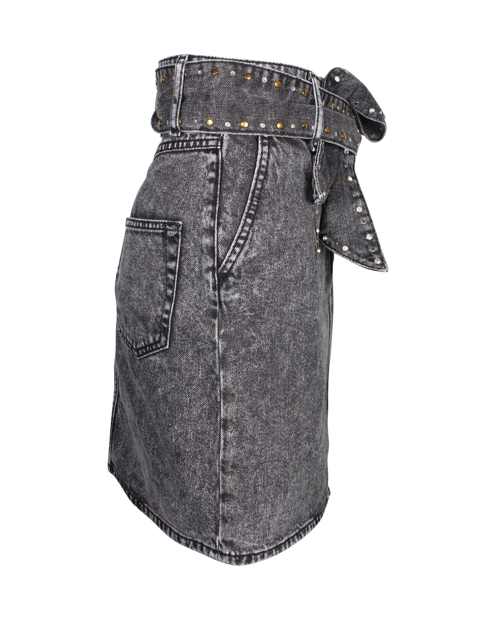 Sandro Paris Fredie Belted Embellished Acid-wash Denim Mini Skirt in Grey Cotton