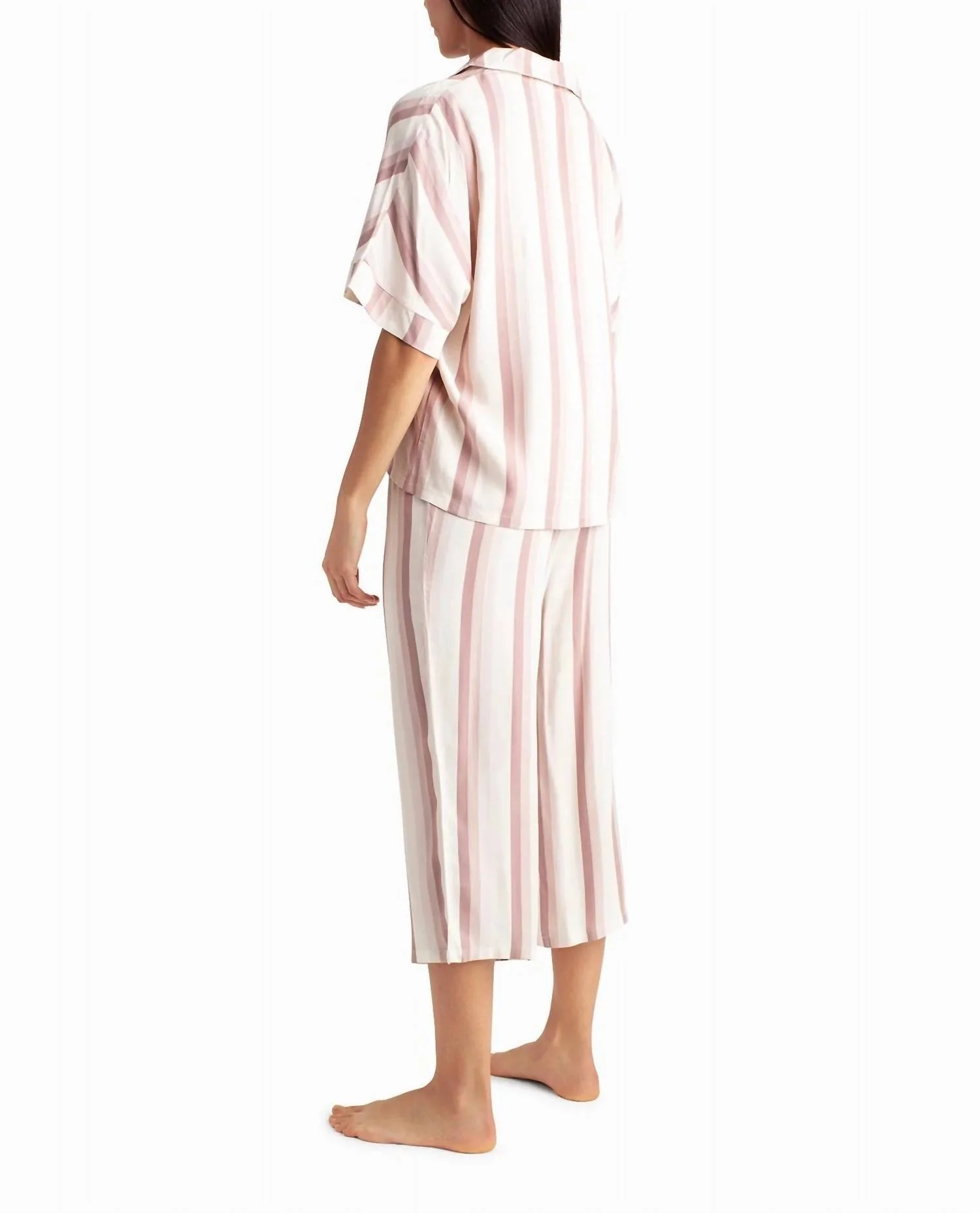 Woven Shirt And Capri Two-Piece Sleepwear Set In Dune Textured Block Stripe