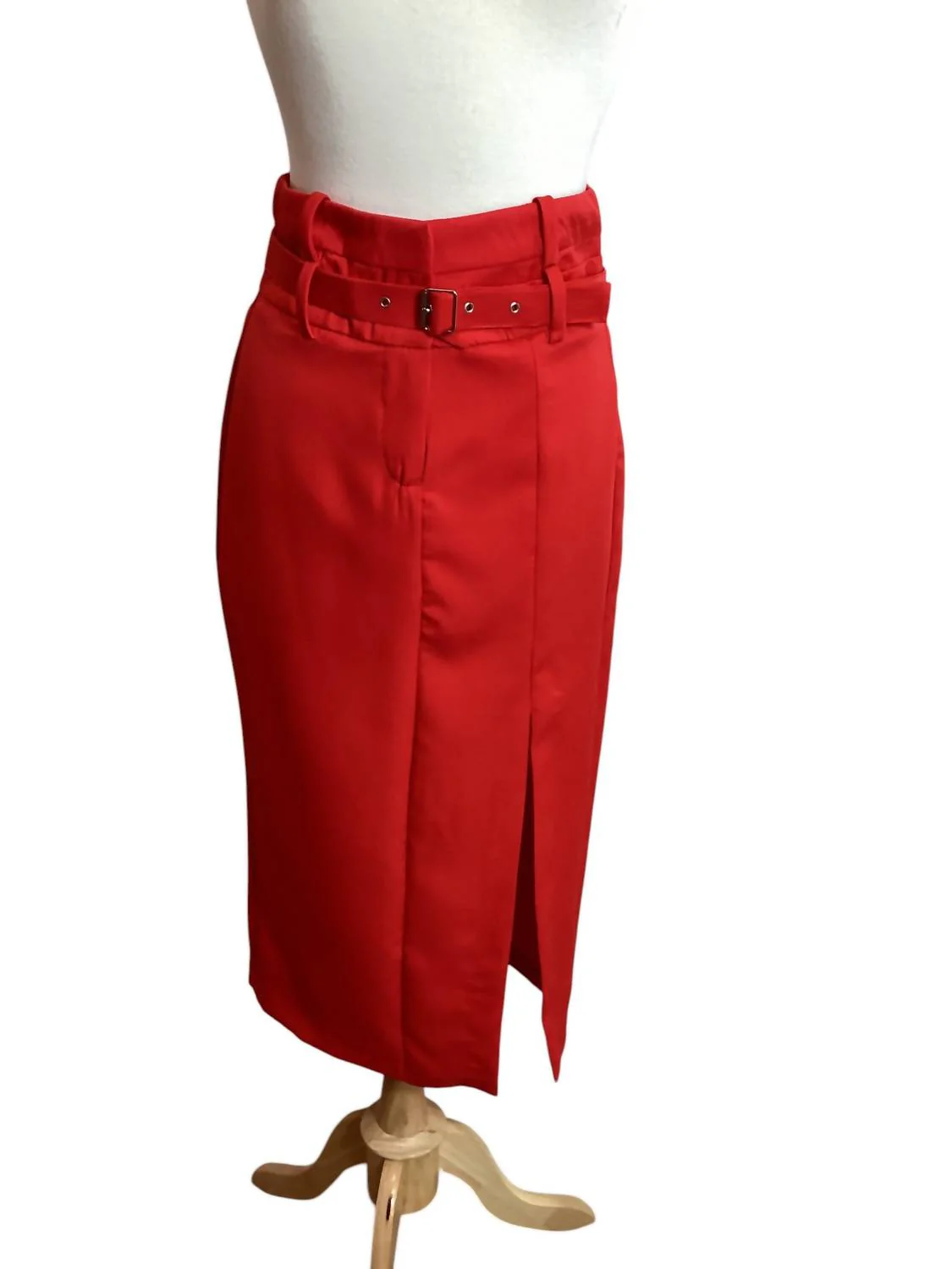 Women's High Rise Side Slit Belted Skirt In Coral Red