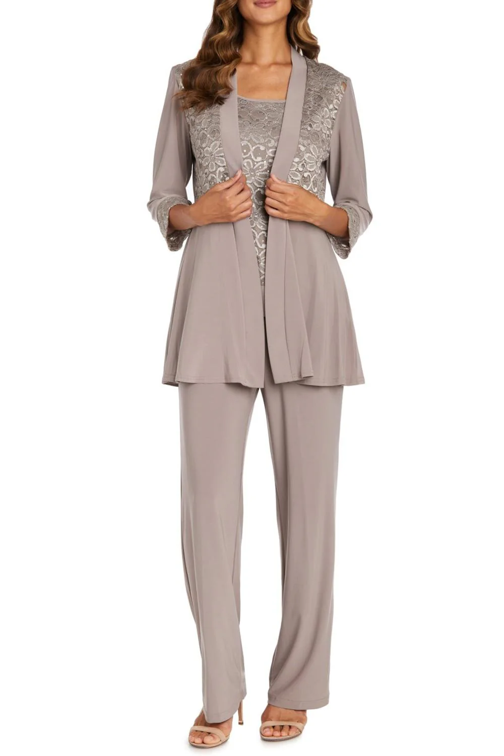 2 Piece Lace Evening Pant Set In Mocha