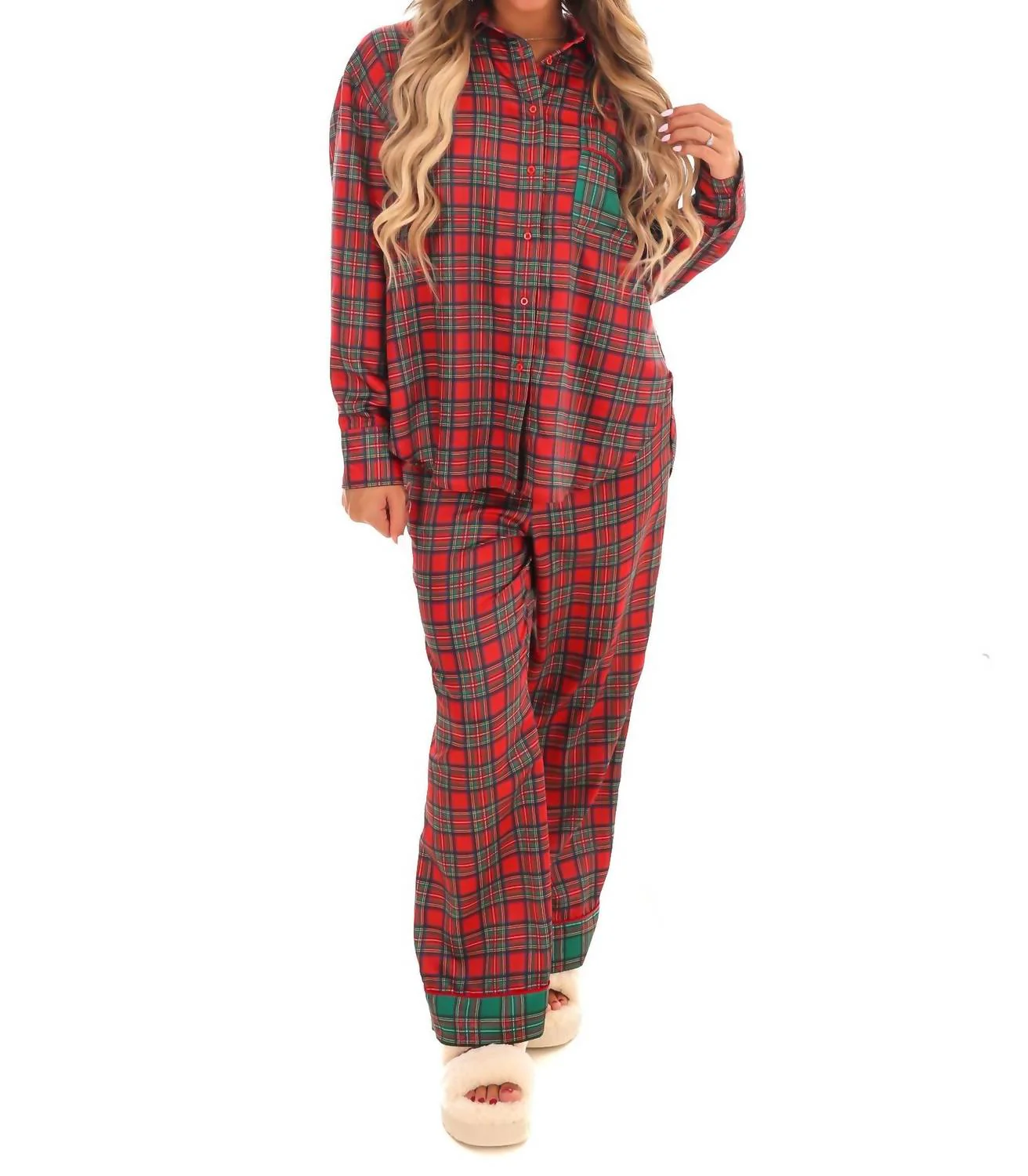Silent Night Plaid Christmas Pajama Set In Red Multi