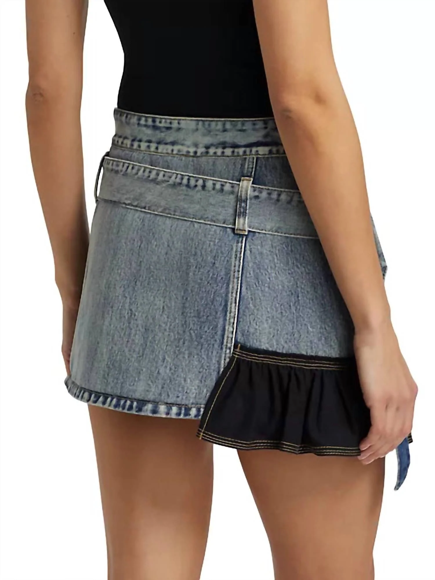 Denim Ruffle Mini Skirt In Washed Indigo