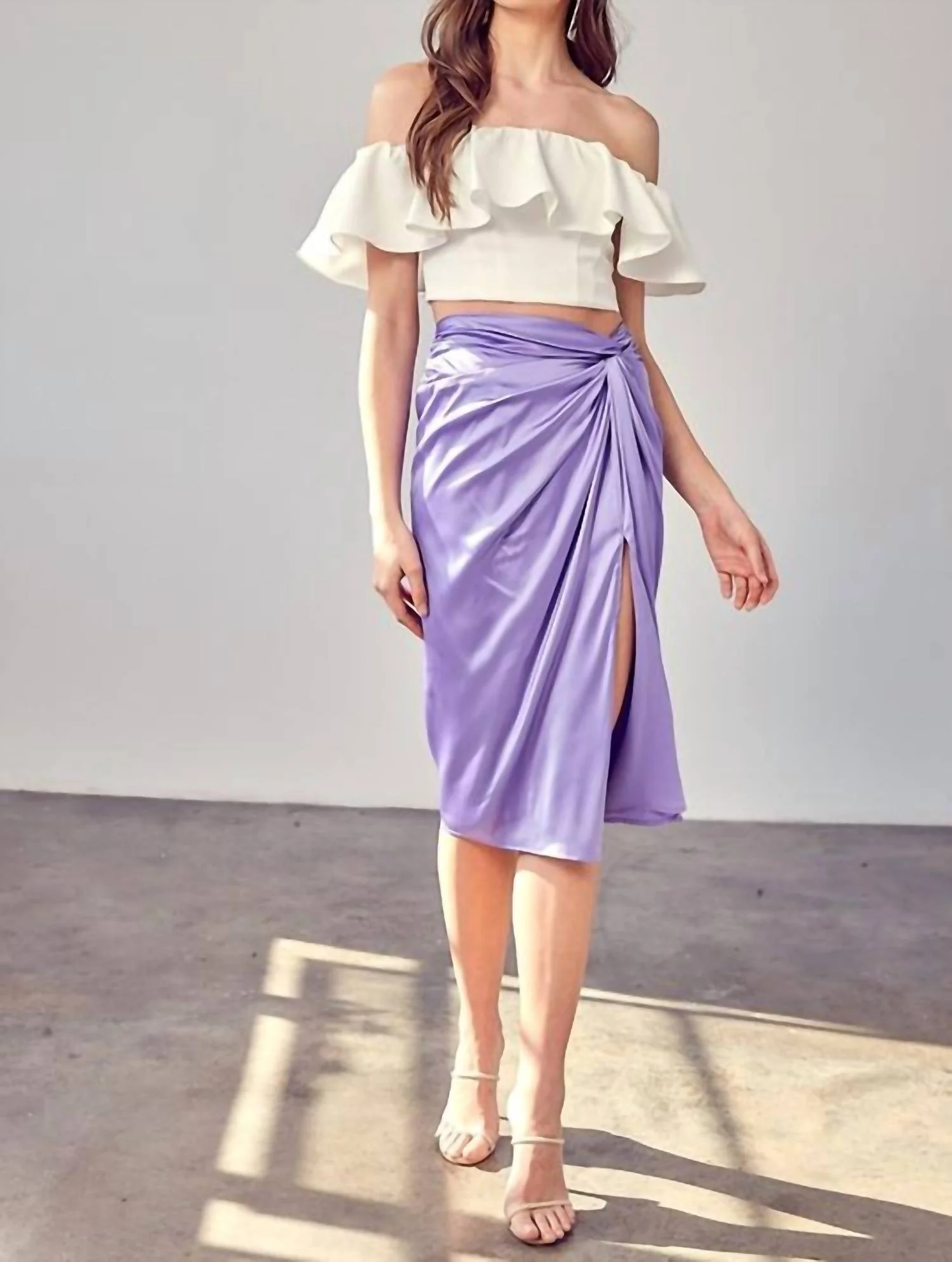 Side Gathered Slit Skirt In Lavender