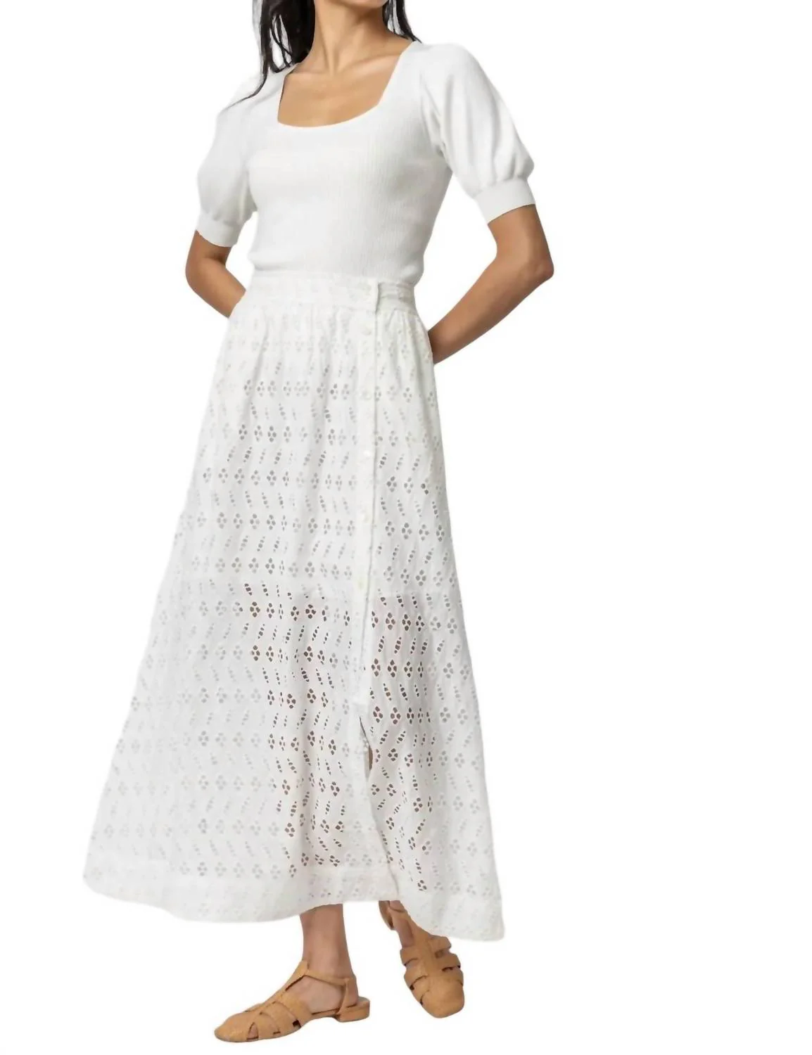 Eyelet Side Button Maxi Skirt In White