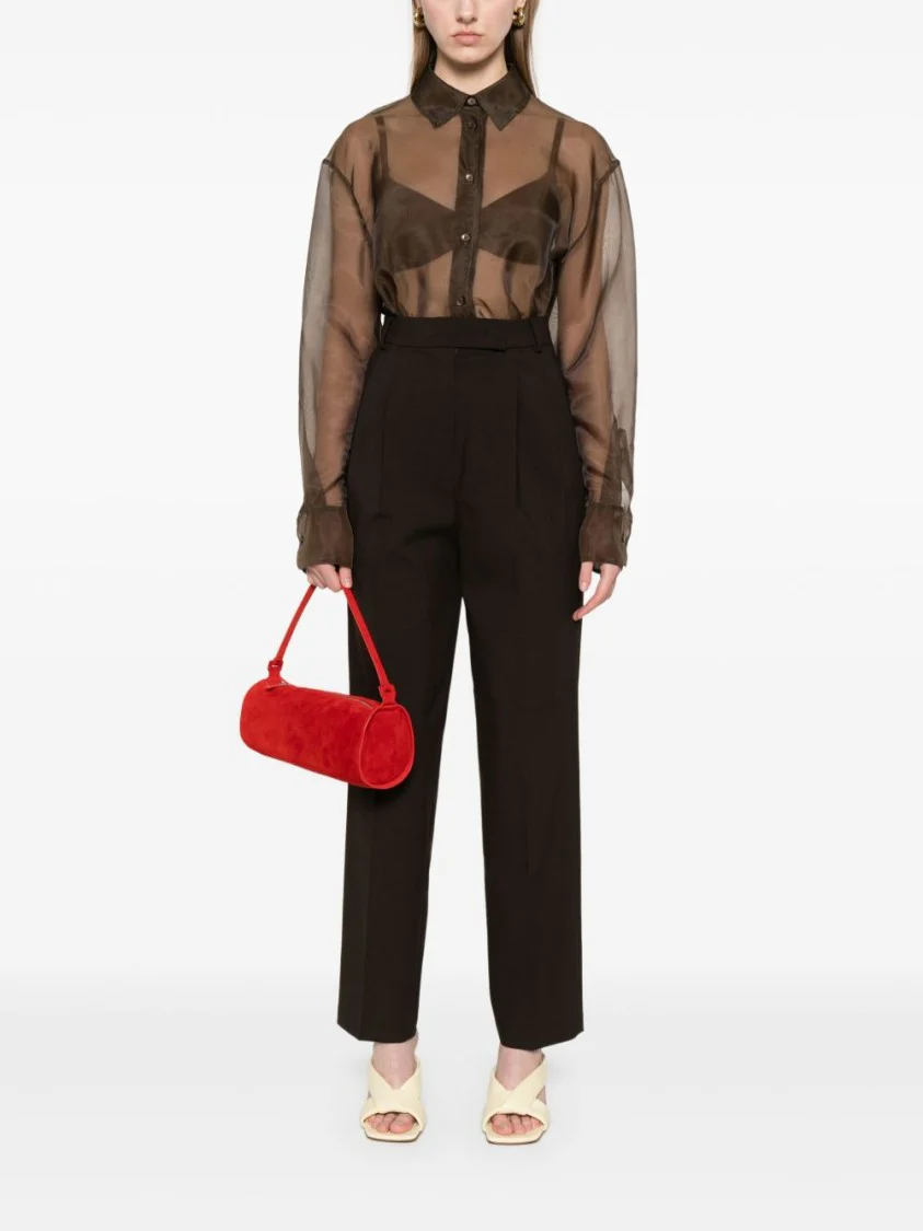 Brown Tailored Suit Pants With Pleat Detail