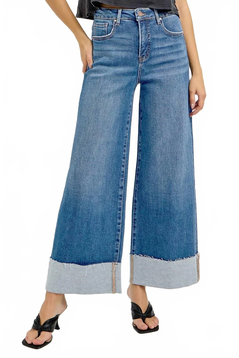 Tummy Control High Rise Cuffed Jeans In Mediium Wash