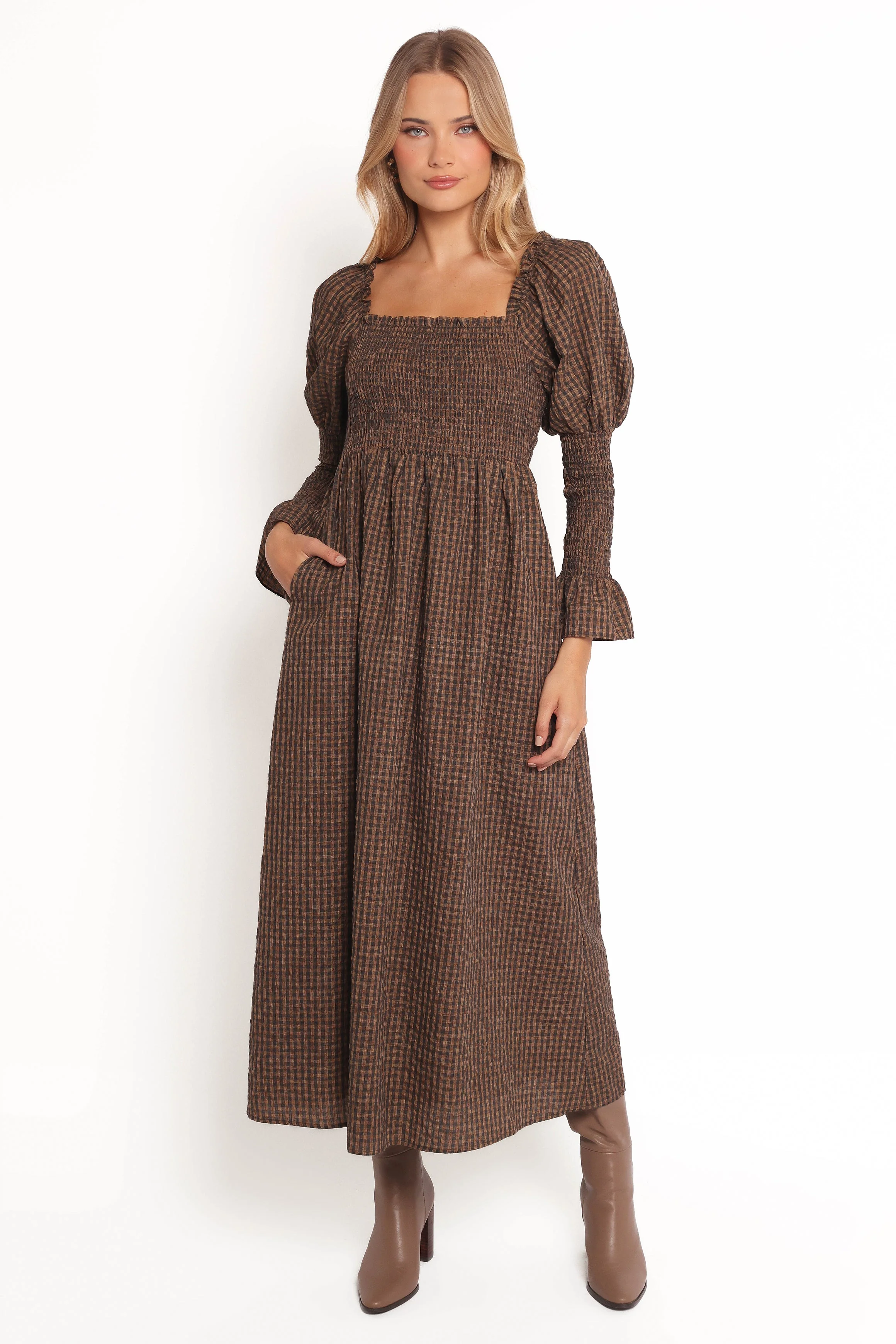 Cyrena Maxi Dress - Brown Check