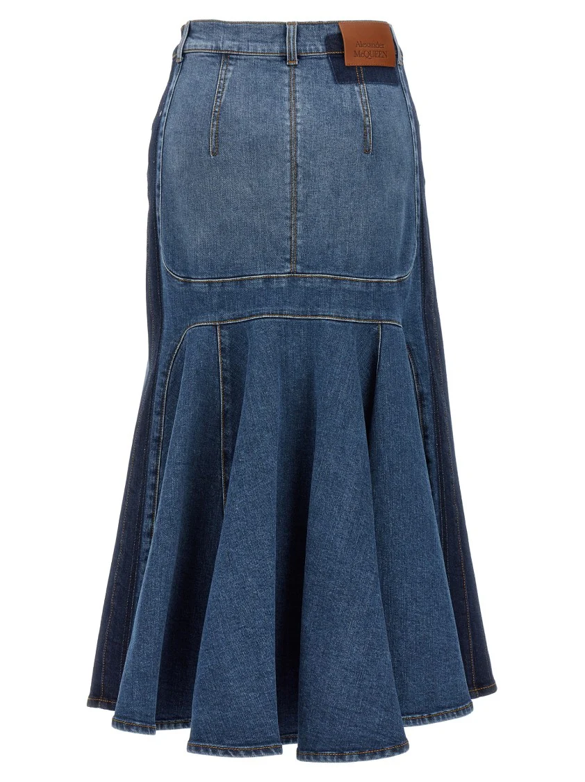 Half-Wheel Midi Denim Skirt With Front Split