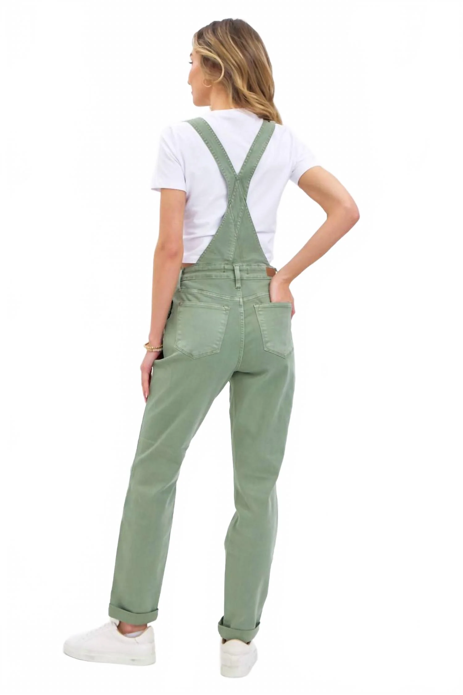 High Waist Double Cuffed Boyfriend Overalls In Sage