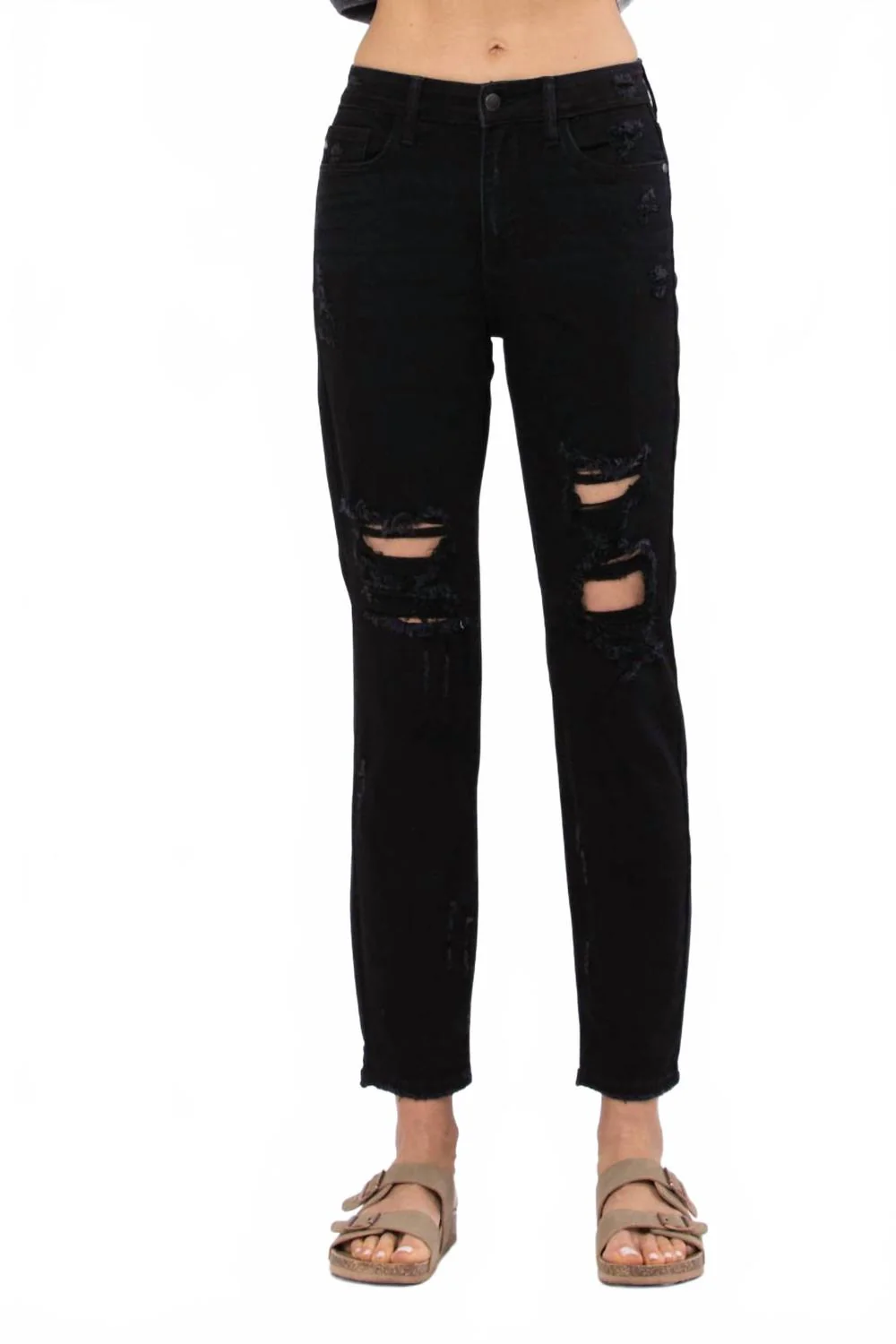 High Waist Destroyed Boyfriend Jeans In Black