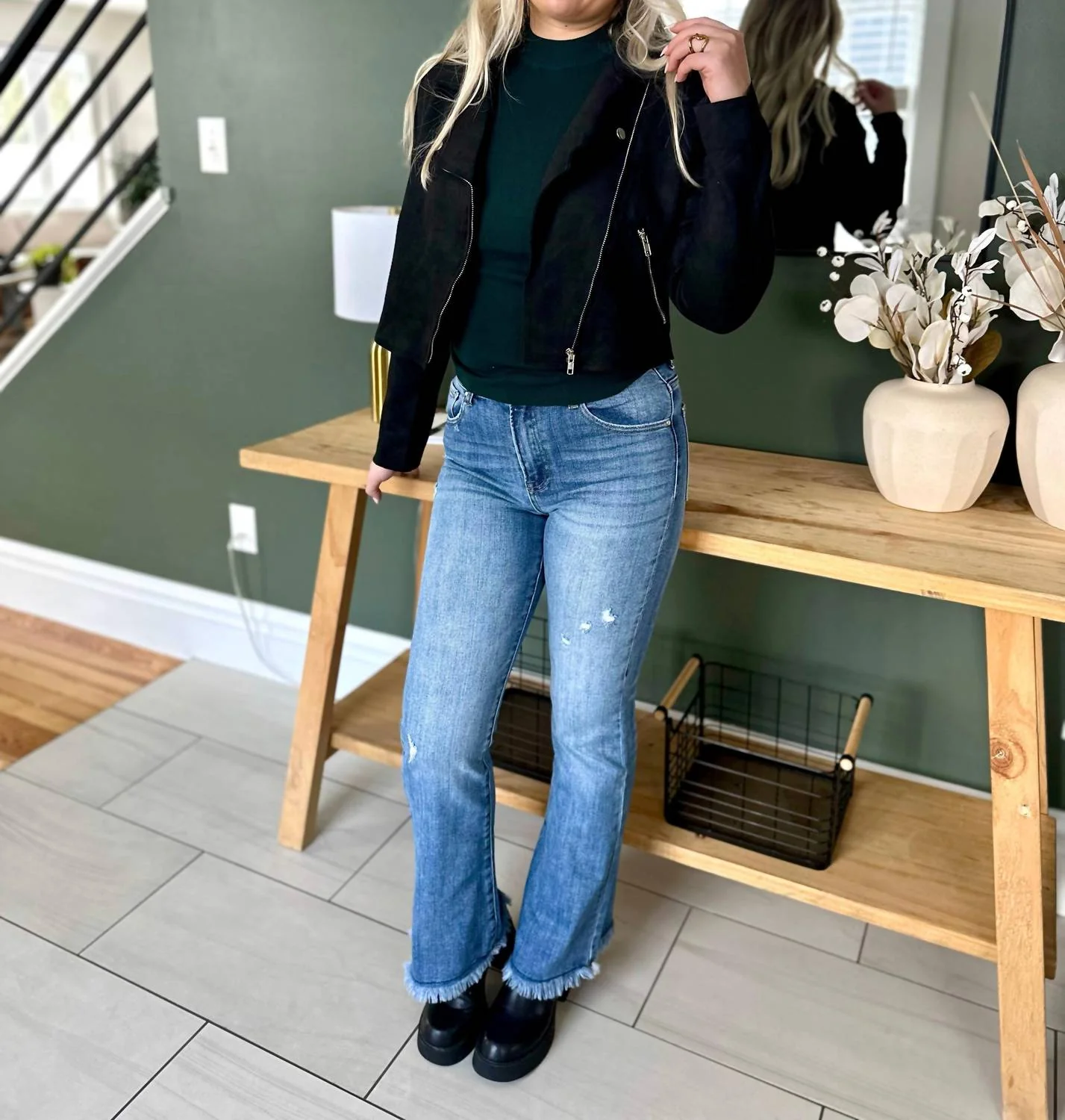 Jenner High Rise Frayed Hem Bootcut Jeans In Blue