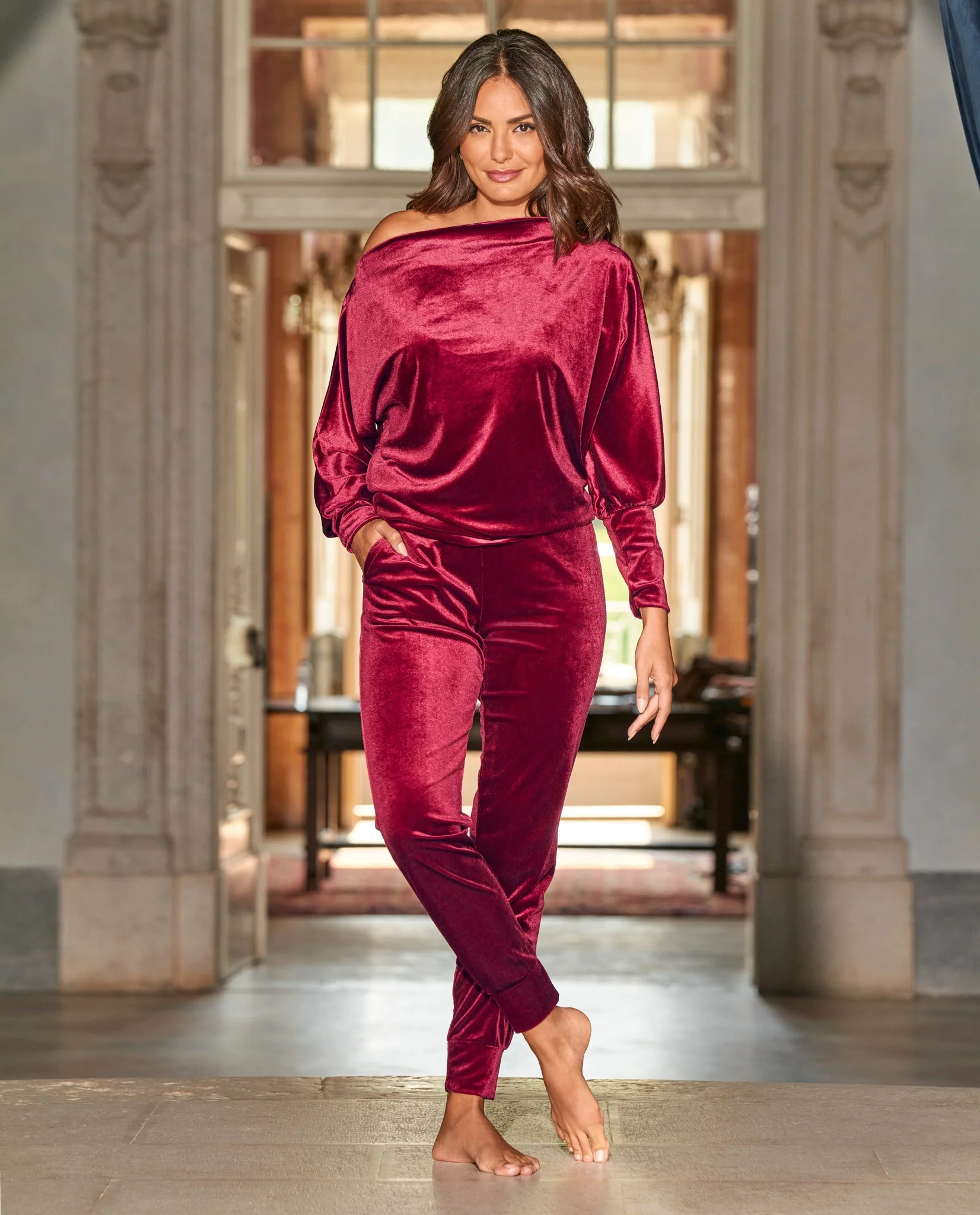 Slouchy Velour Top & Jogger Set Burgundy