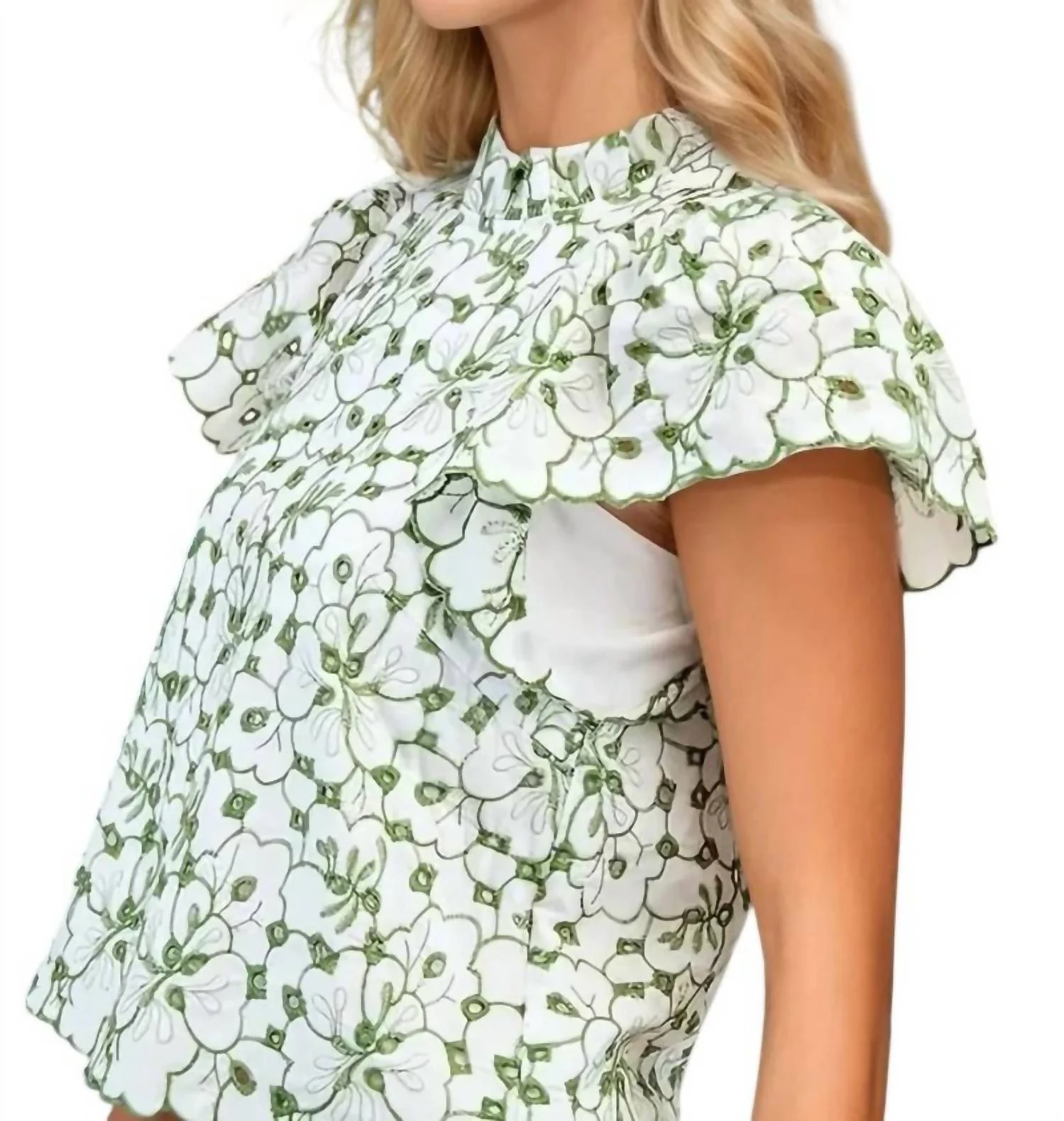 Chelsea Embroidered Eyelet Blouse & Short Set In Sage