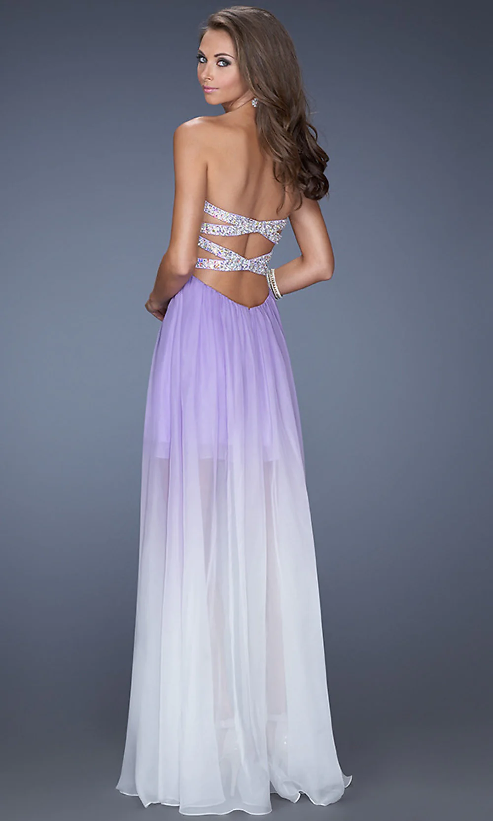 La Femme Strapless Ombre High-Low Prom Dress