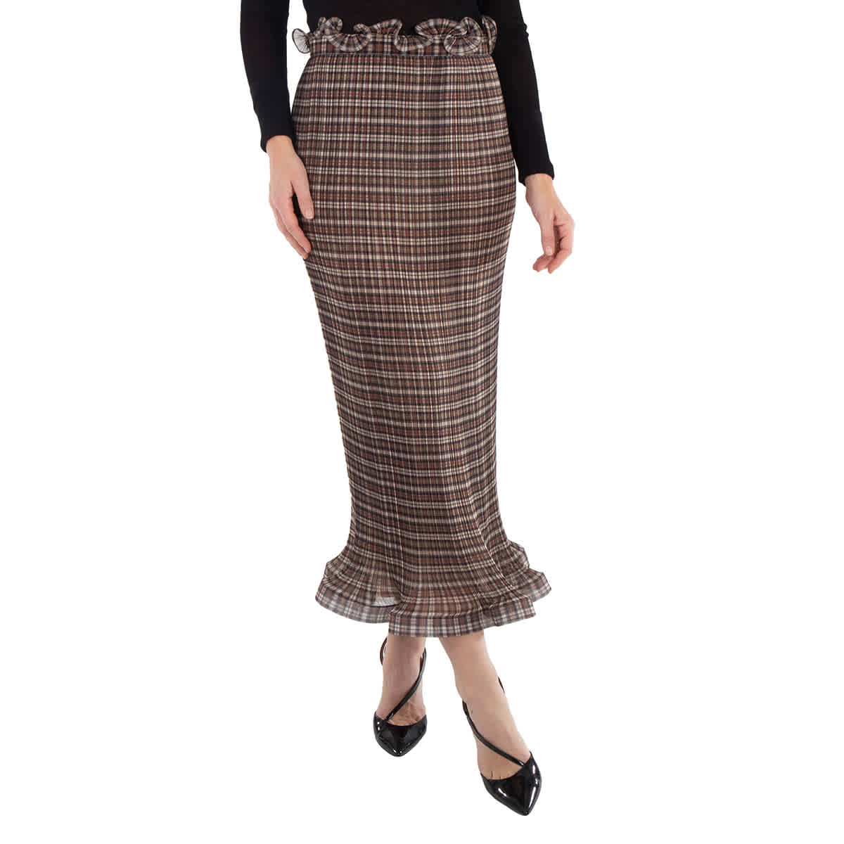 Burberry Ruffle Detail Check Chiffon Plisse Skirt