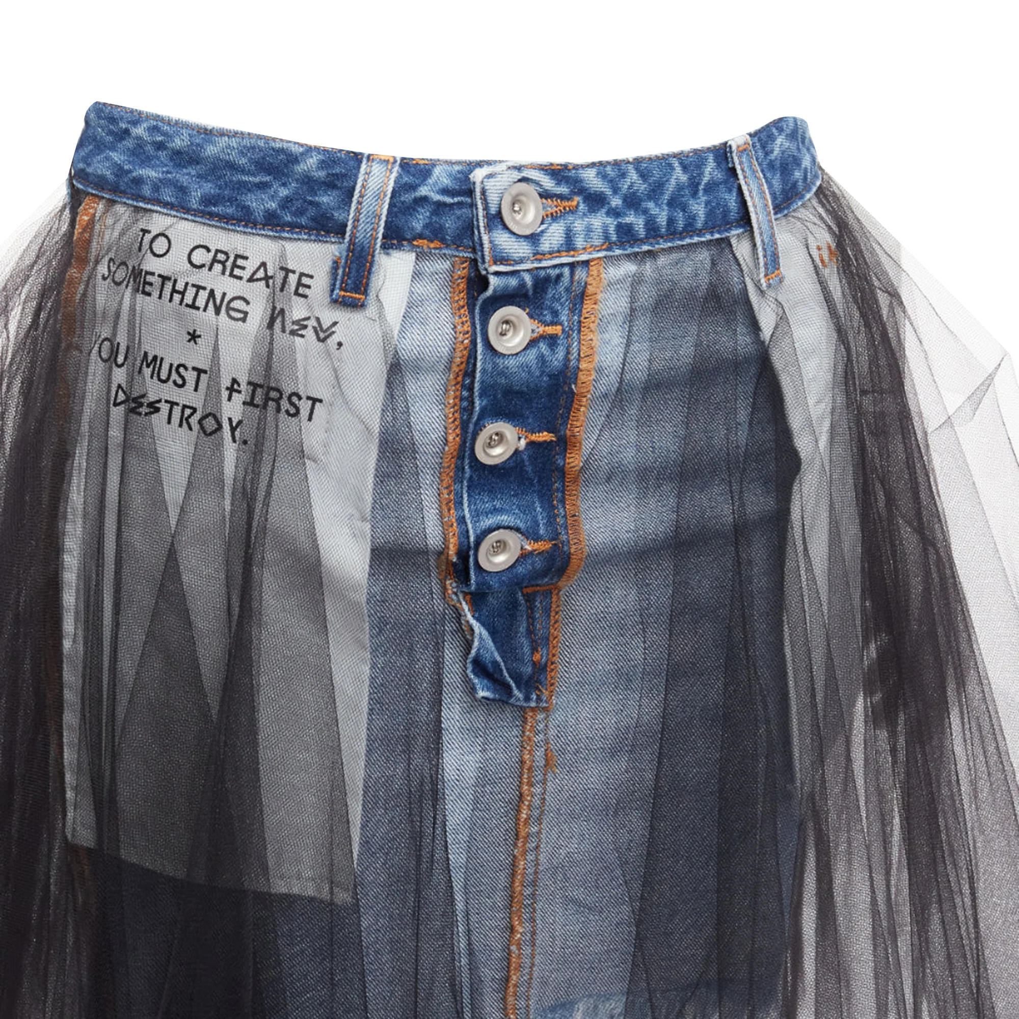 Unravel Project ruffle tulle overlay inside out denim skirt