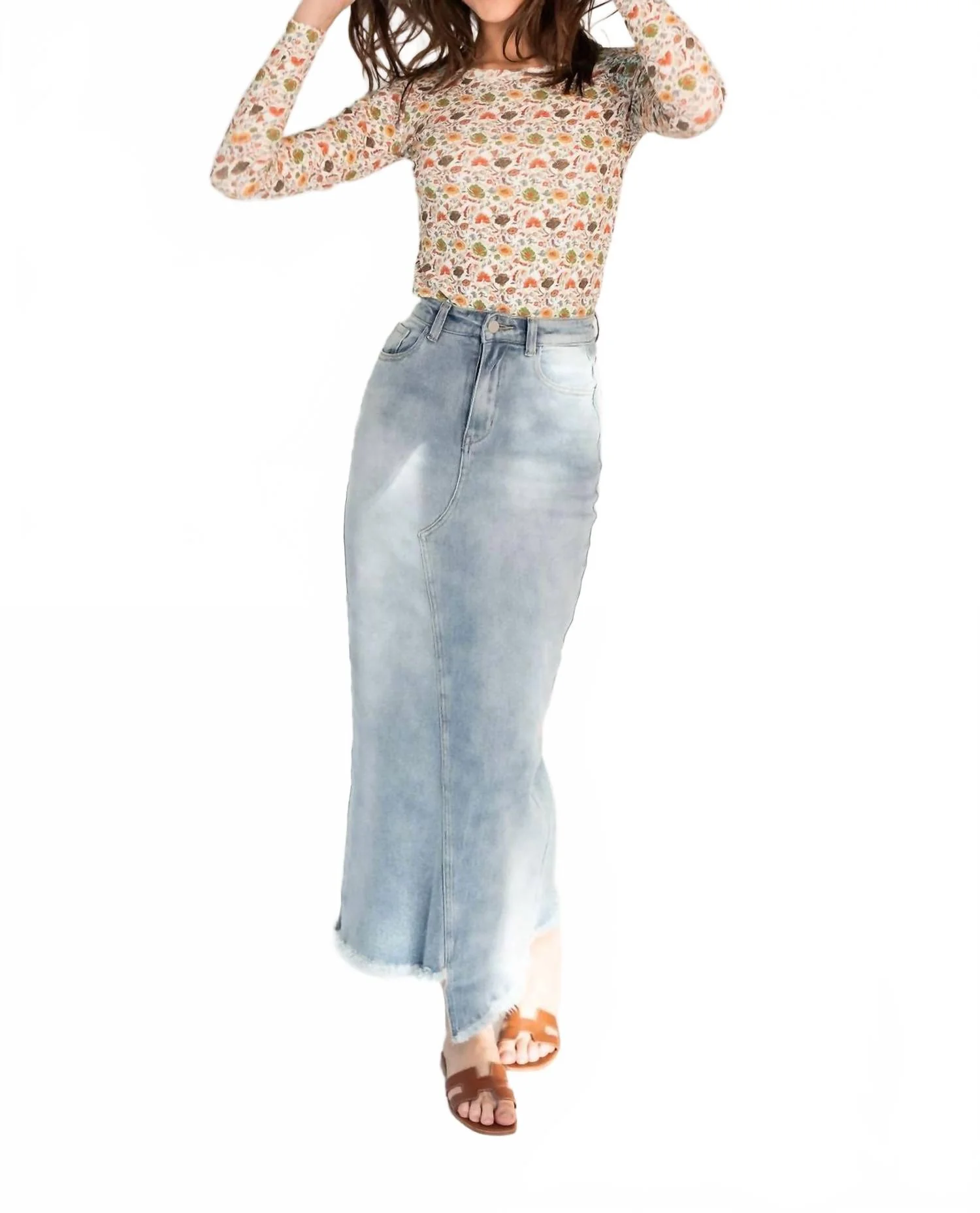 Frayed Hem Asymmetrical Stretch Denim Maxi Skirt In Light Wash