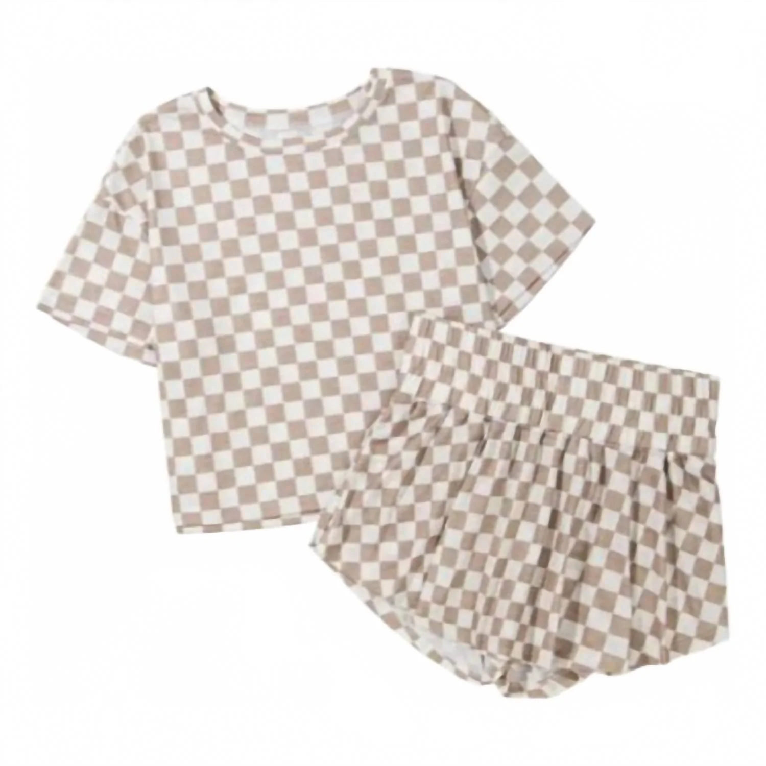 Checkerboard Top & High Waist Skort Set In Tan