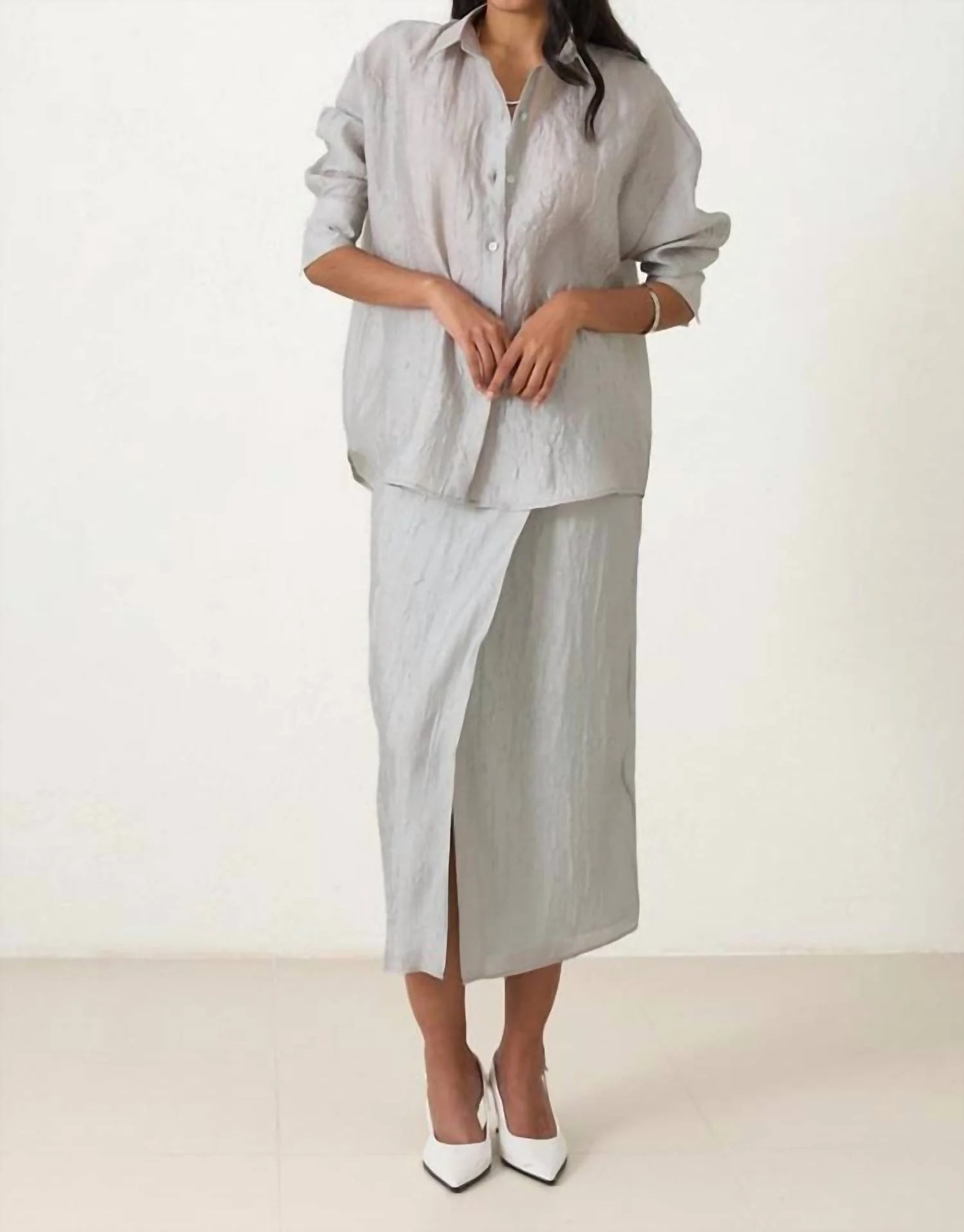 Long Sleeve Shirt And Crush Detailed Skirt Set In Water Green