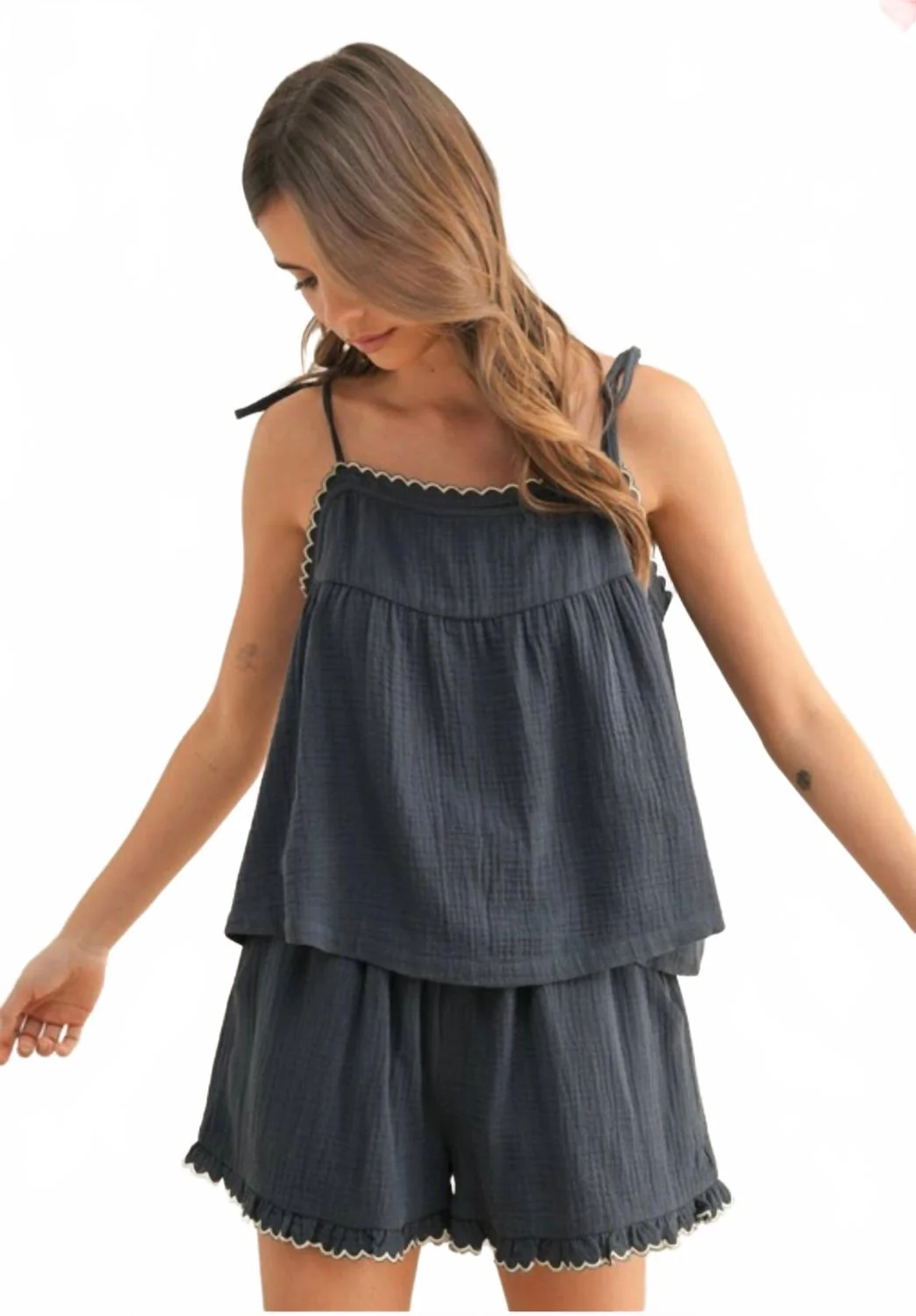 Gauze Tank Top And Short Set In Navy