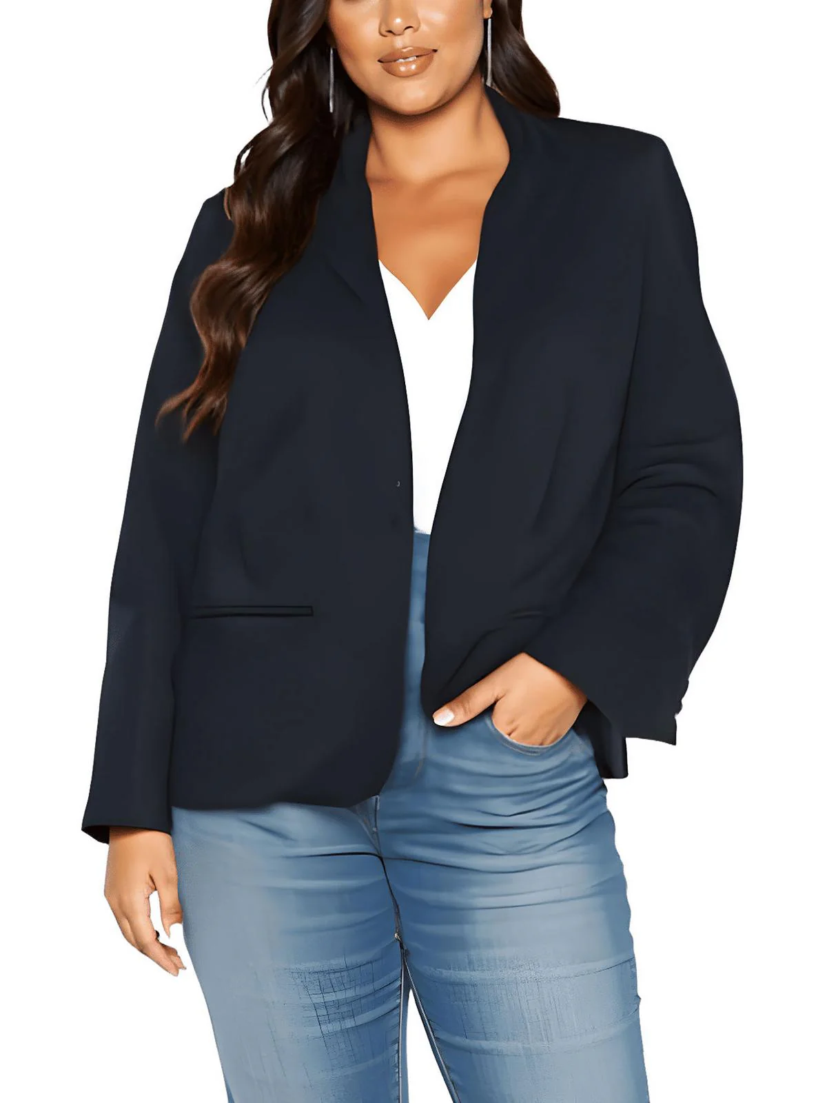 Plus Womens Solid Cotton Collarless Blazer