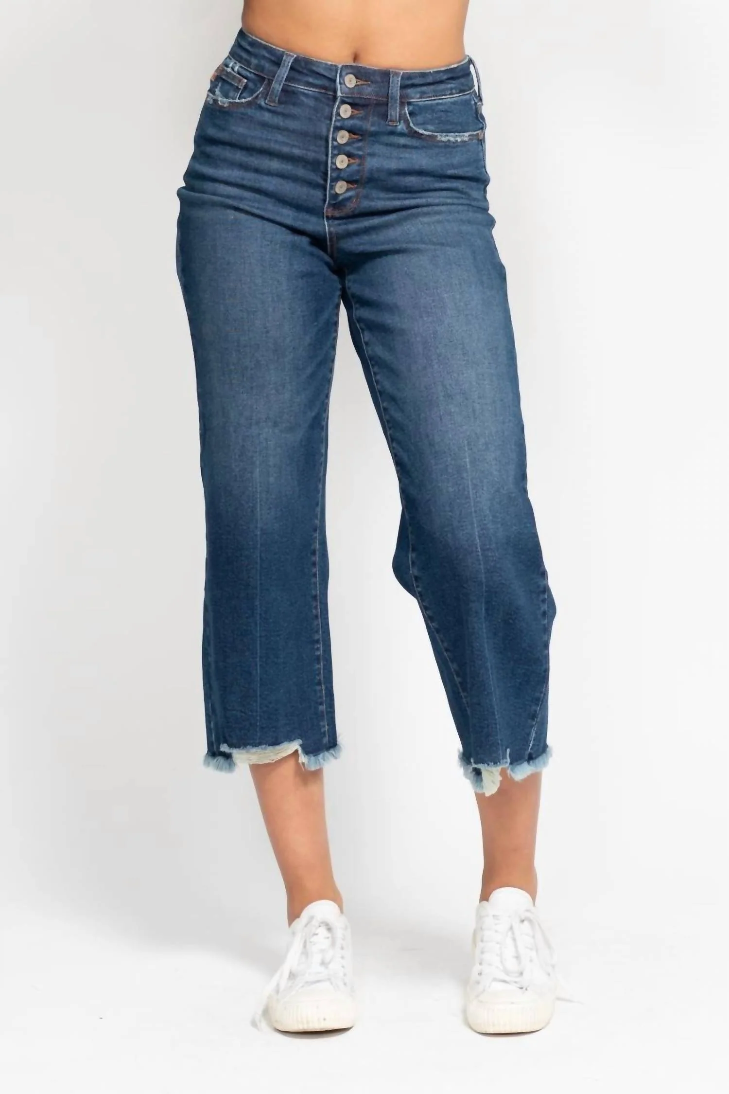 High Waist Button Fly Destroyed Hem Crop Wide Jean In Medium Wash