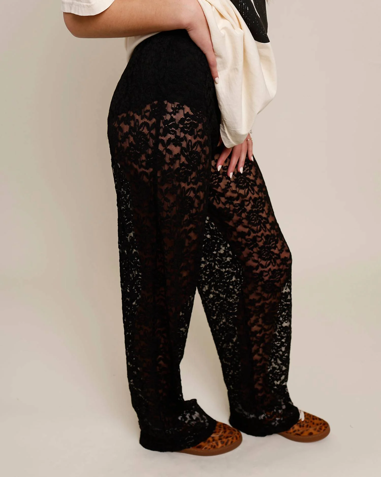 Sheer Lace Wide Leg Pants In Black