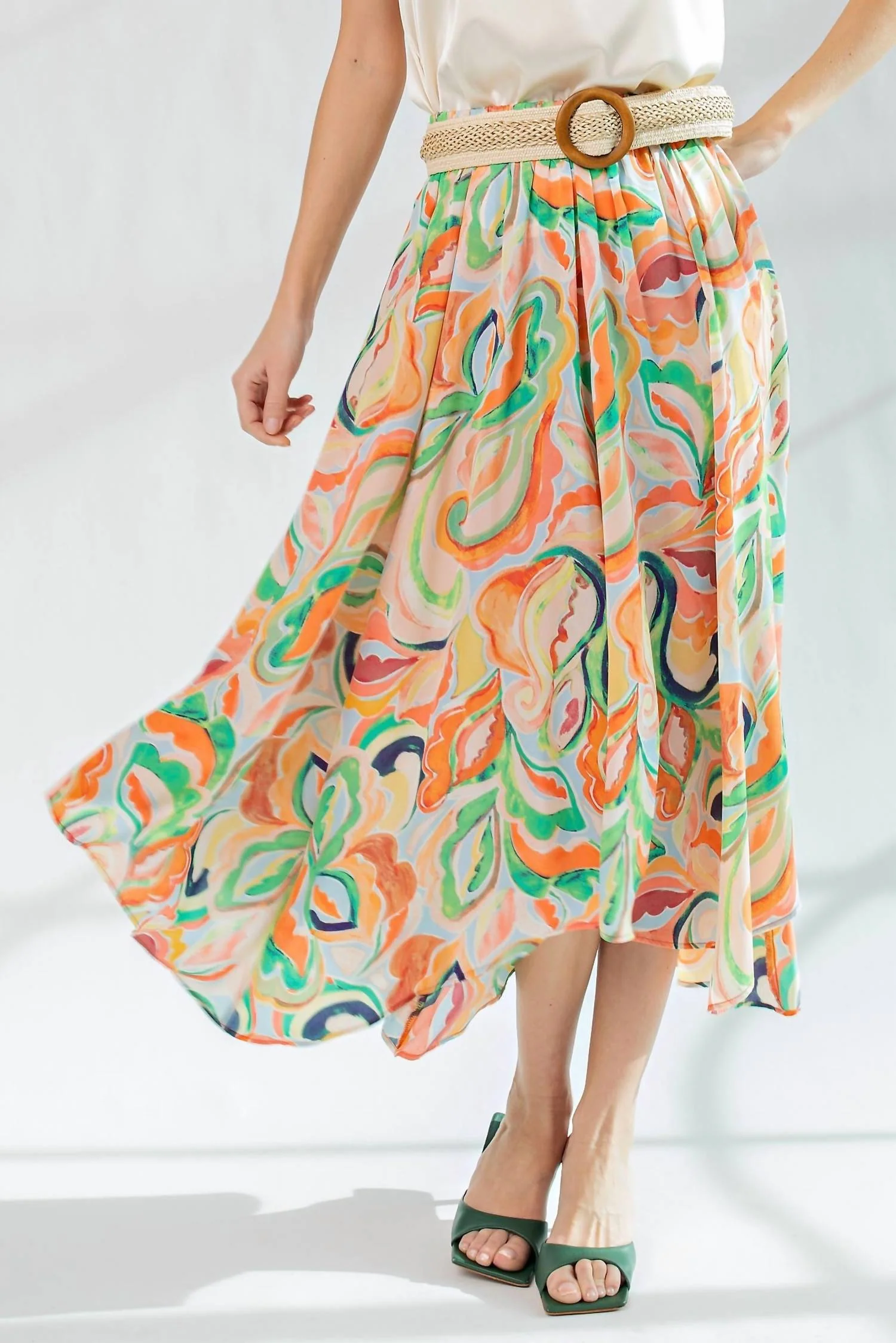 Marble Printed Dull Satin Skirt In Sunkist