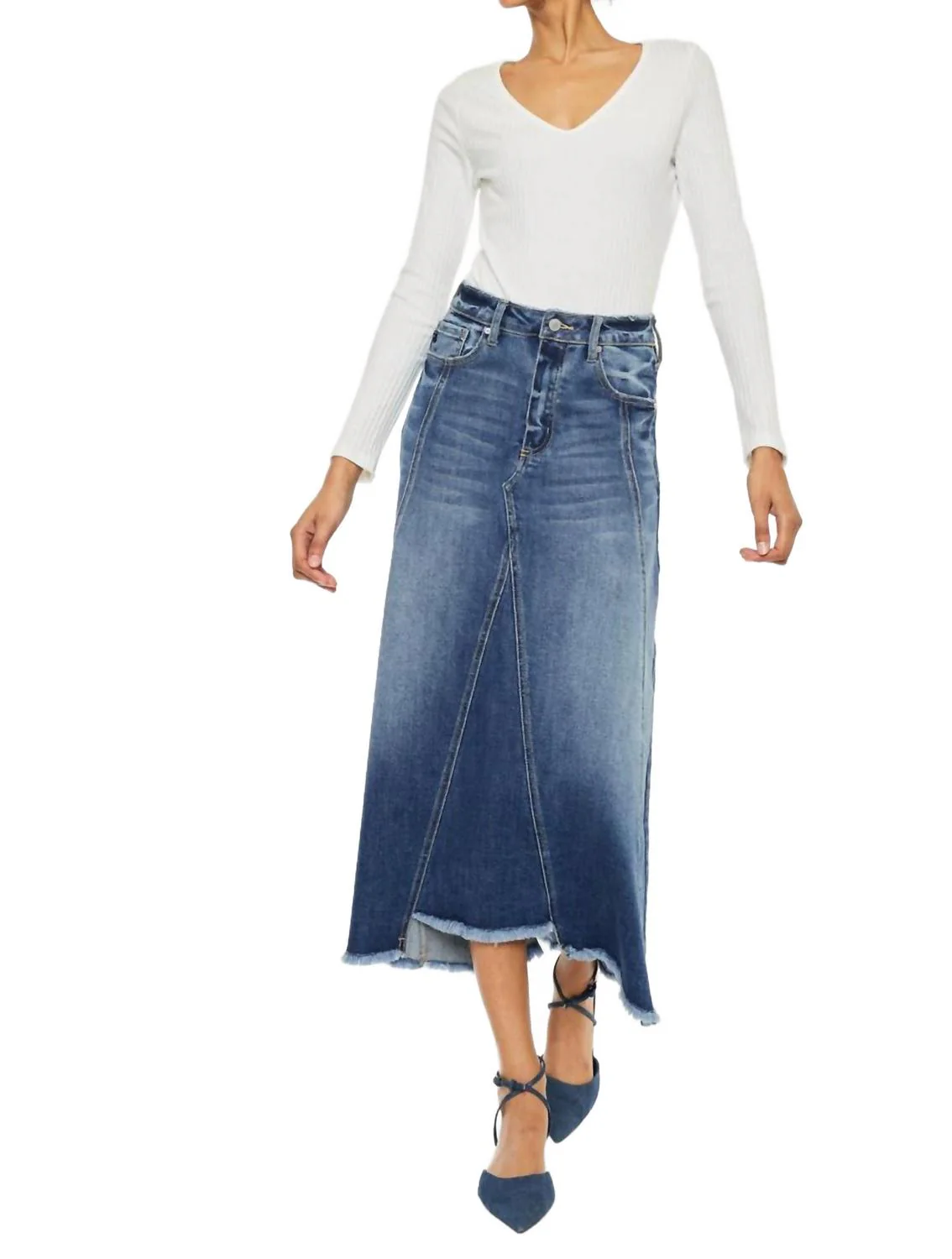 Isobella Midi Length Skirt In Dark Wash