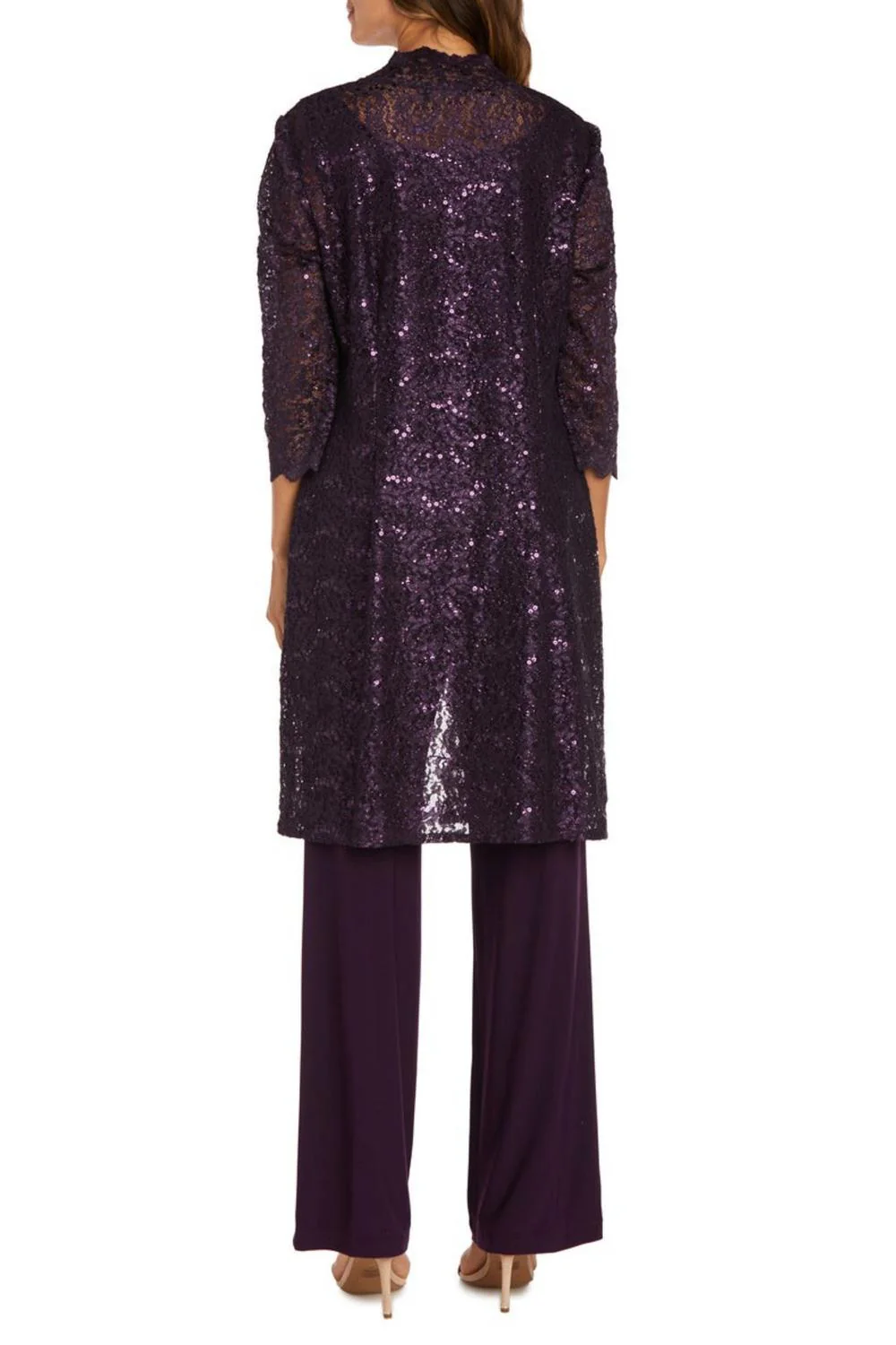 Lace 3/4 Sleeve 3-Piece Pants Set In Plum
