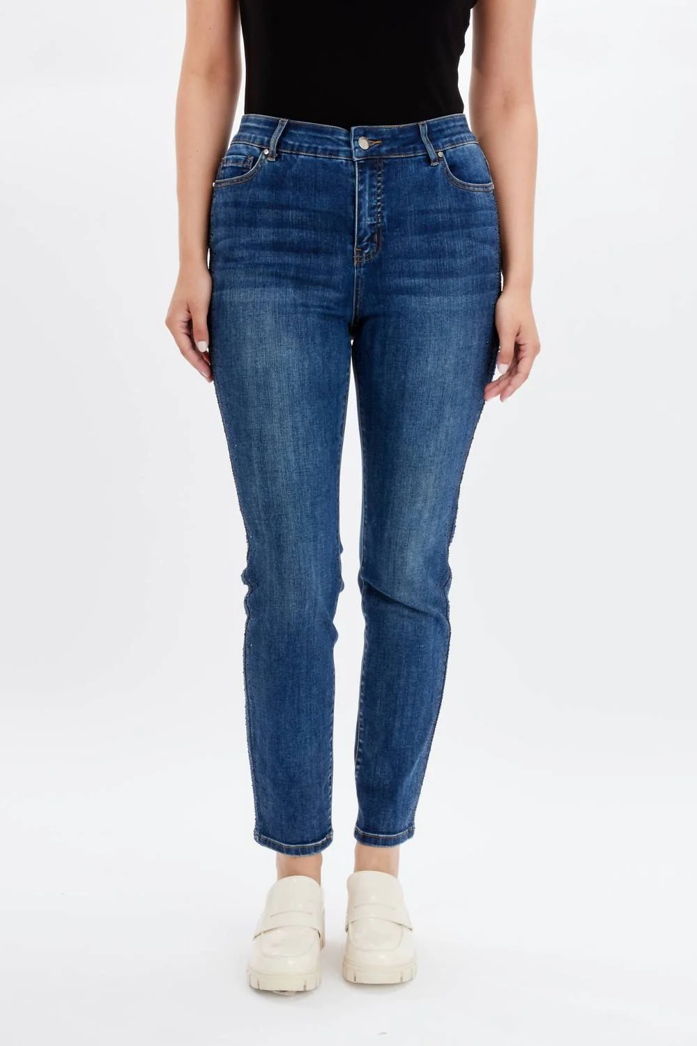 High Waisted Ankle Length Jean In Dark Blue