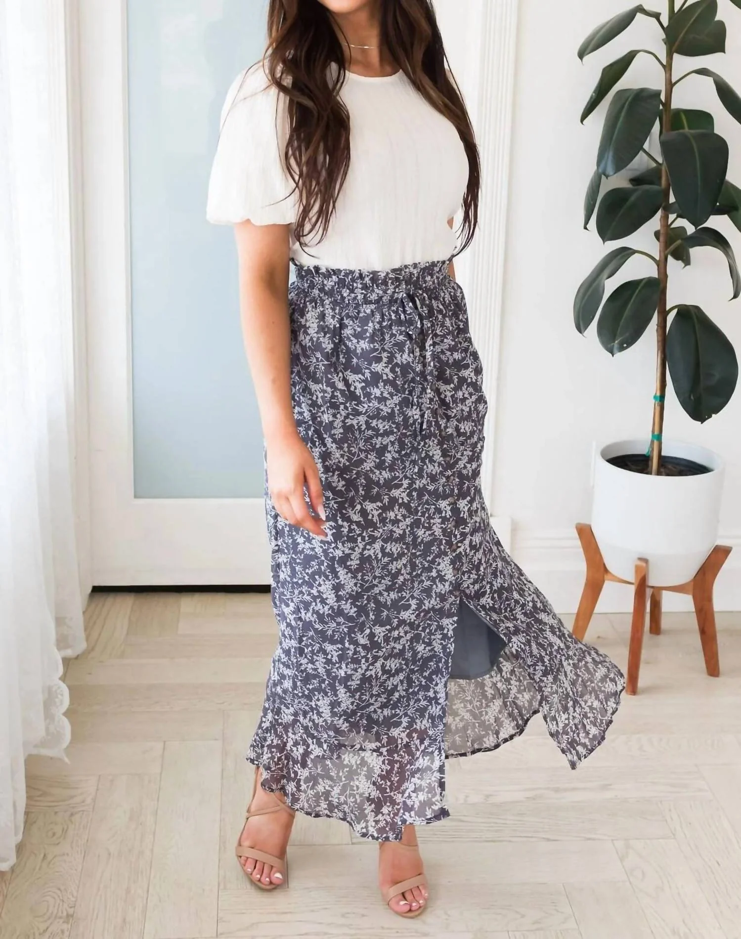 Button Front Maxi Skirt In Grey
